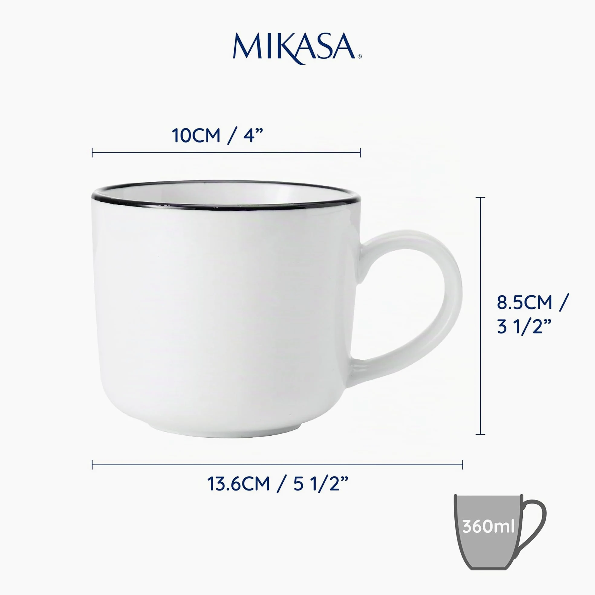 Mikasa Limestone Juego de Tazas de Porcelana, 4x Tazas de Porcelana con Borde Negro para Té y Café, 360ml| En Caja de Regalo y Aptas para Lavavajillas