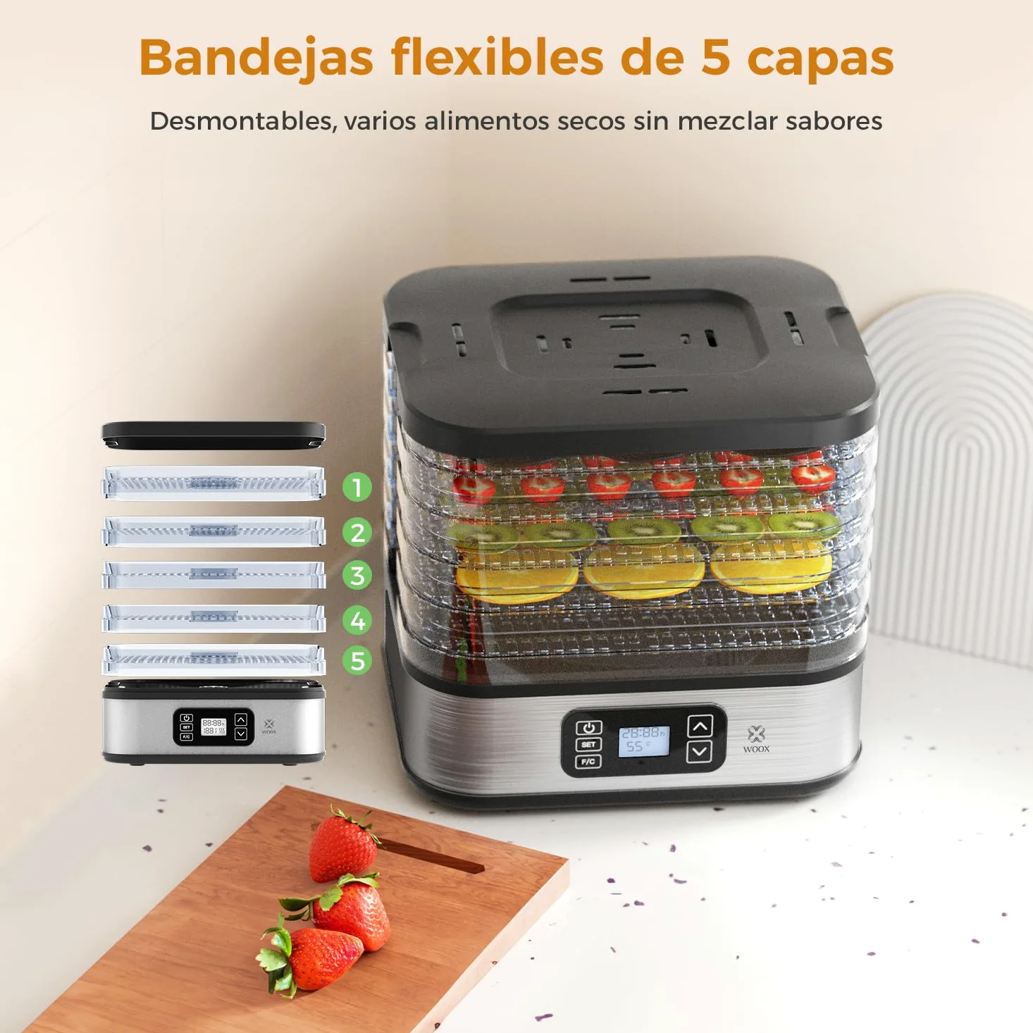WOOX Deshidratador de Alimentos 240W, Deshidratador con 5 Bandejas Altura Regulable, Pantalla LED, Temporizador 99H y Temperatura Ajustable, Deshidratadora de Frutas y Verduras, Sin BPA