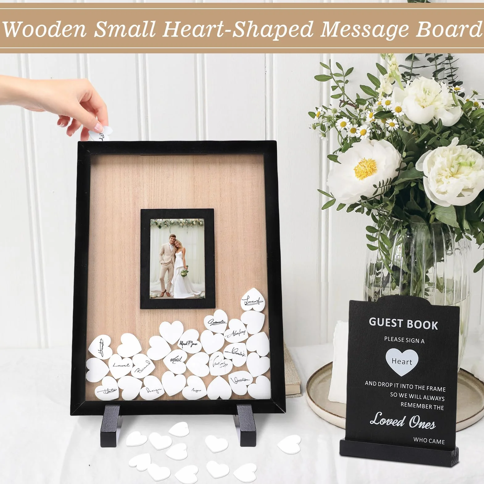 Gugxiom Libro de invitados de boda alternativo, libros de invitados de madera con 90 corazones, libros de invitados alternativa a la fiesta de cumpleaños de aniversario de la boda del bebé