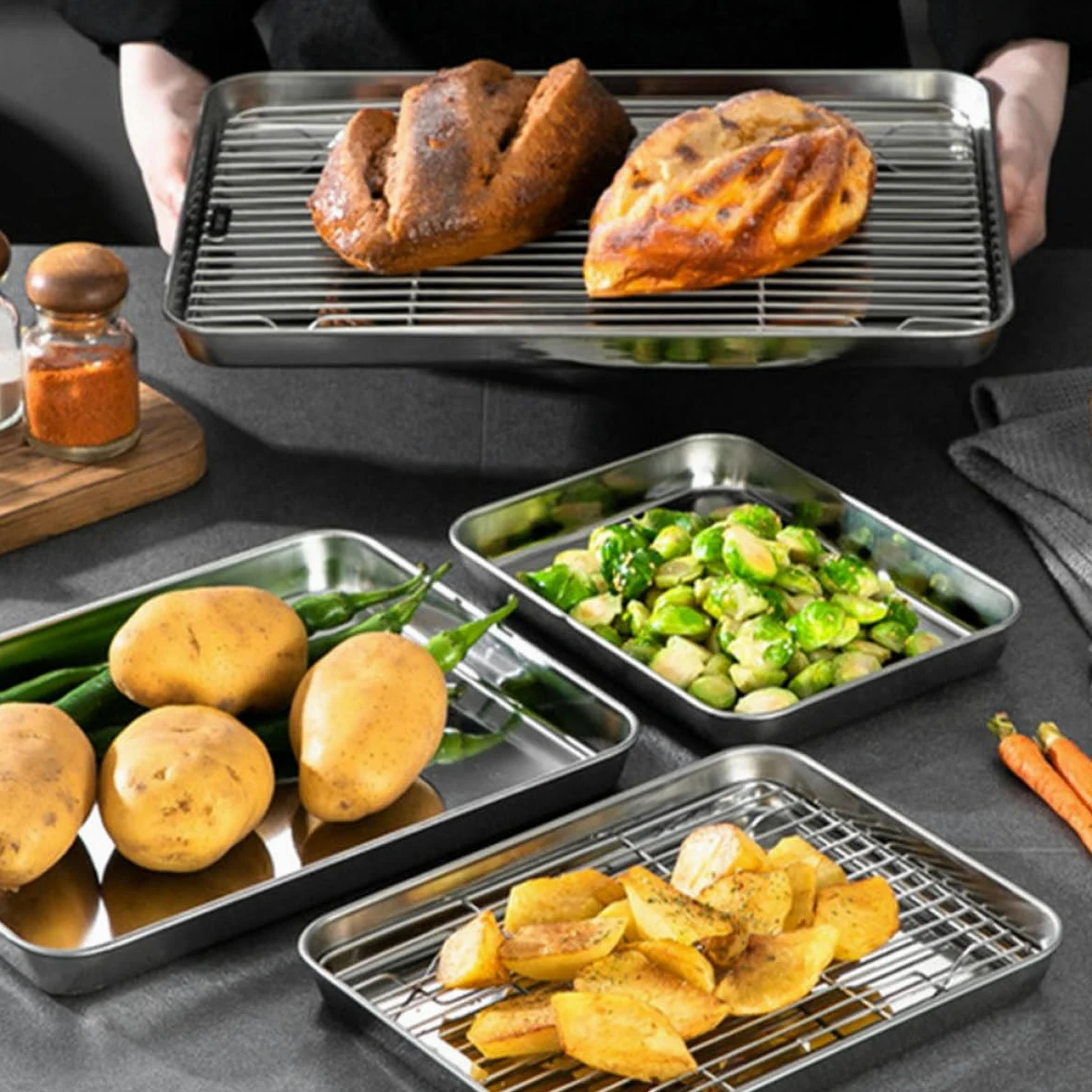 Bandejas para Asar Versátiles con Acabado Espejo Juego de 2 con Rejilla de Acero Inoxidable para Hornear y Enfriar en Cocina Doméstica