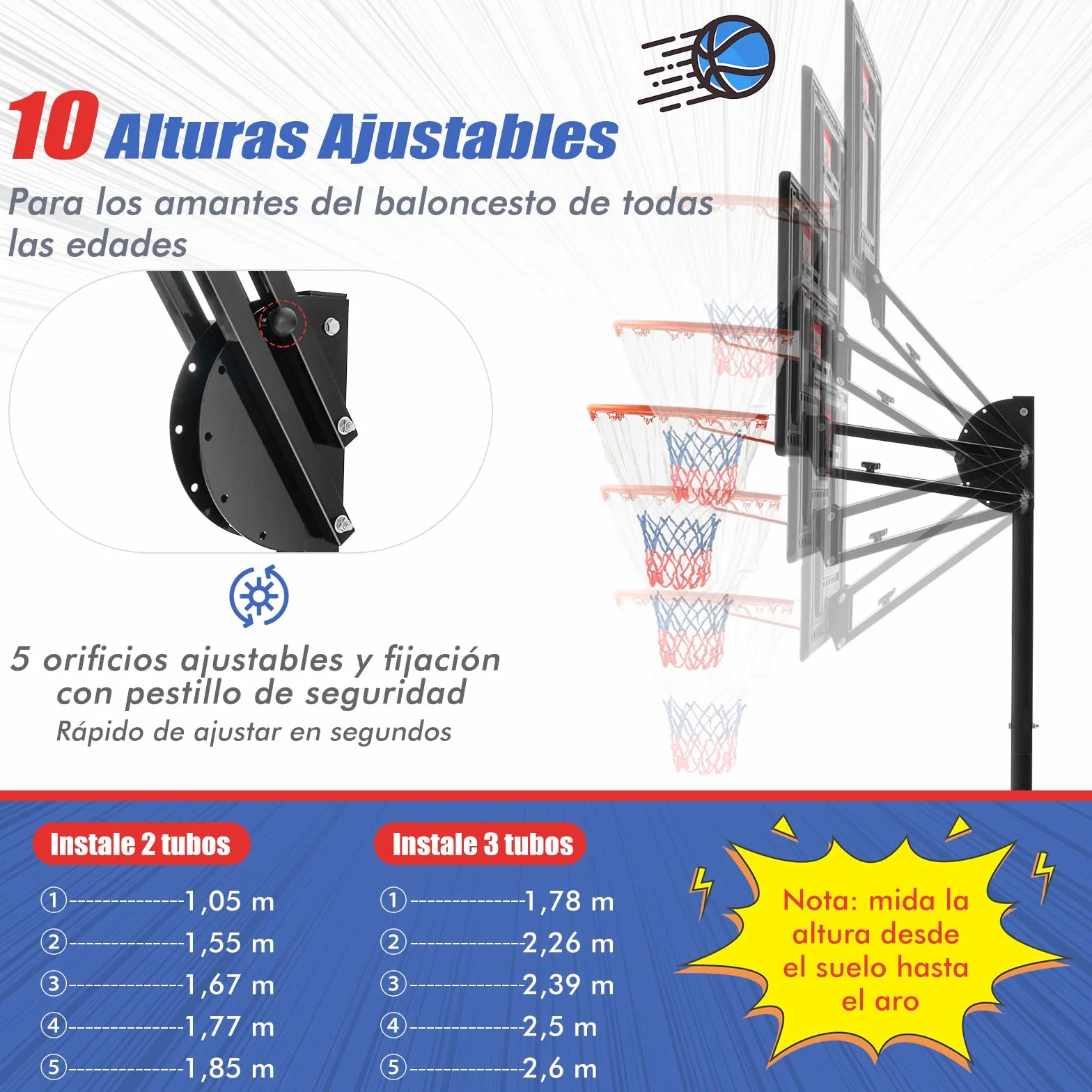 COSTWAY Canasta Baloncesto Exterior Altura Ajustable 10 Niveles 1,55-3,1m Móvil Ruedas Aro Baloncesto Bolsa Peso Niños Adultos