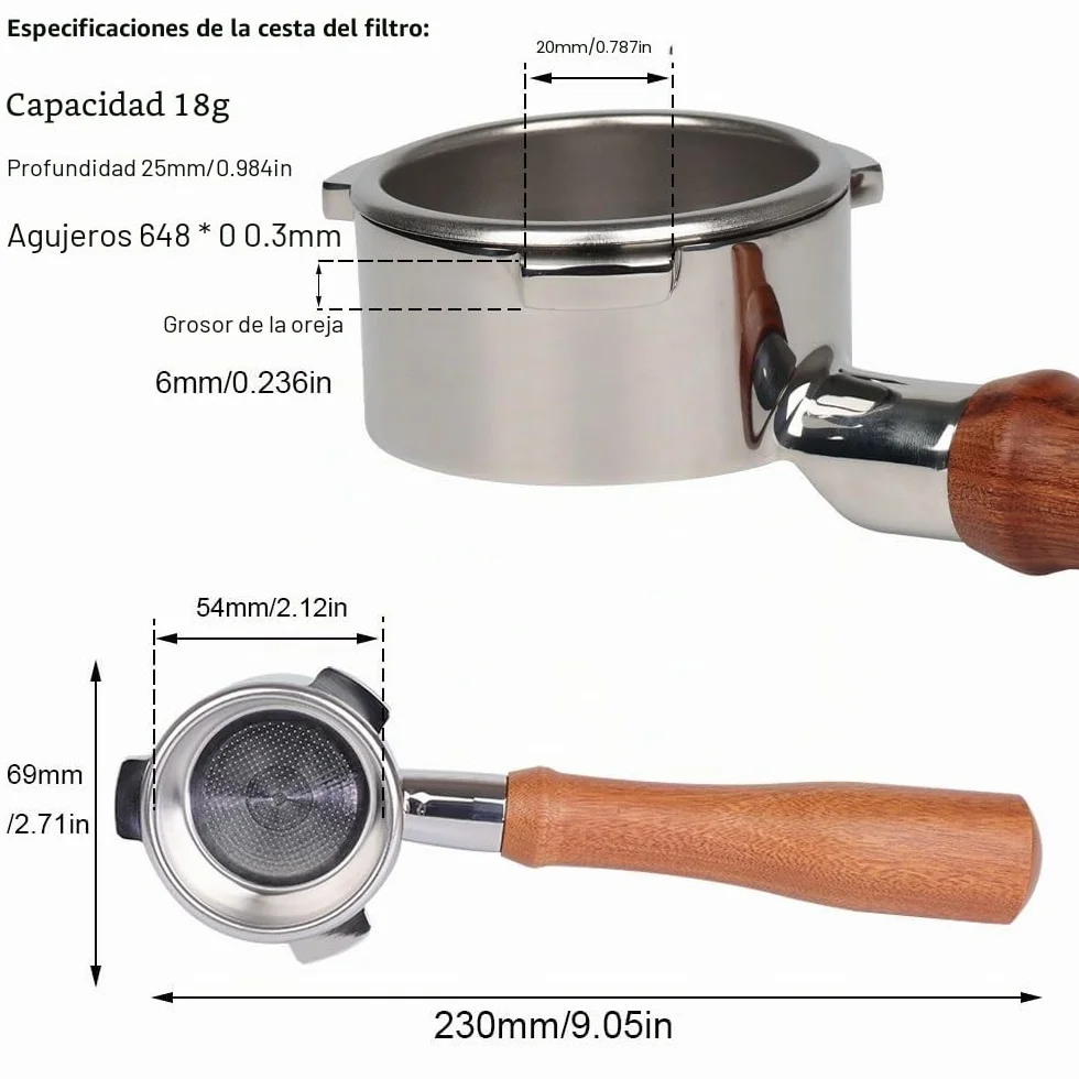 Portafiltro sin fondo 54 mm Compatible Sage/Breville Barista 870/878/880, asa de madera