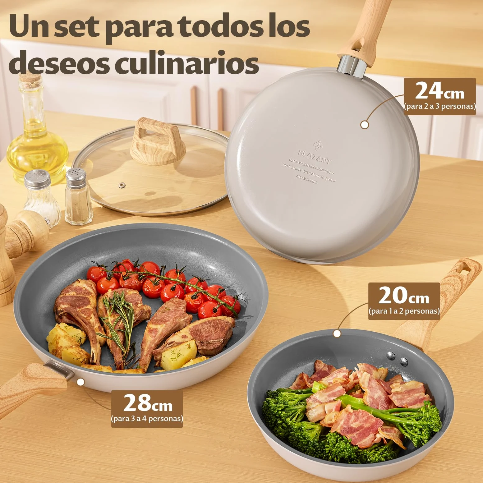 BLAZANT ceramic nonstick pan set 20+24+28cm with lids, PTFE-free, healthy | Optimized induction base for even heat, compatible with all cooktops, easy to clean, dishwasher safe, ergonomic handle