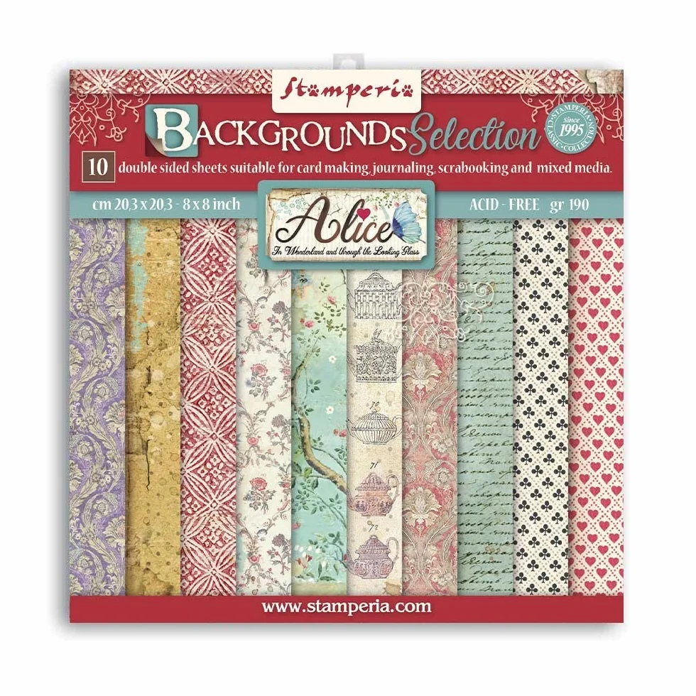 Stamperia International - Mini bloc de recortes para álbumes de recortes, hojas de doble cara, selección de fondos, Alice, Various, 8 x 8 pulgadas