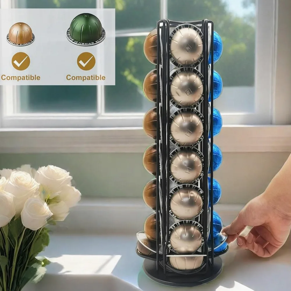 Vertuo - Soporte de carrusel para 28 cápsulas Nespresso Vertuo, organizador de almacenamiento con espacio adicional para Coffee Mate Silent Rolling, color negro