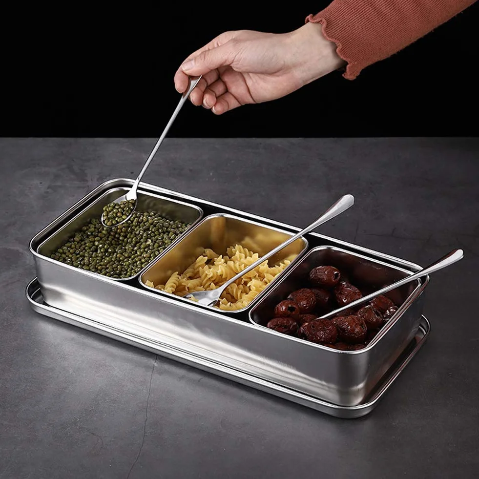 SIXRUN Caja de especias de acero inoxidable, juego de vidrio, tapa de cuchara, 3 rejillas para el hogar, contenedor de especias, cocina, restaurante