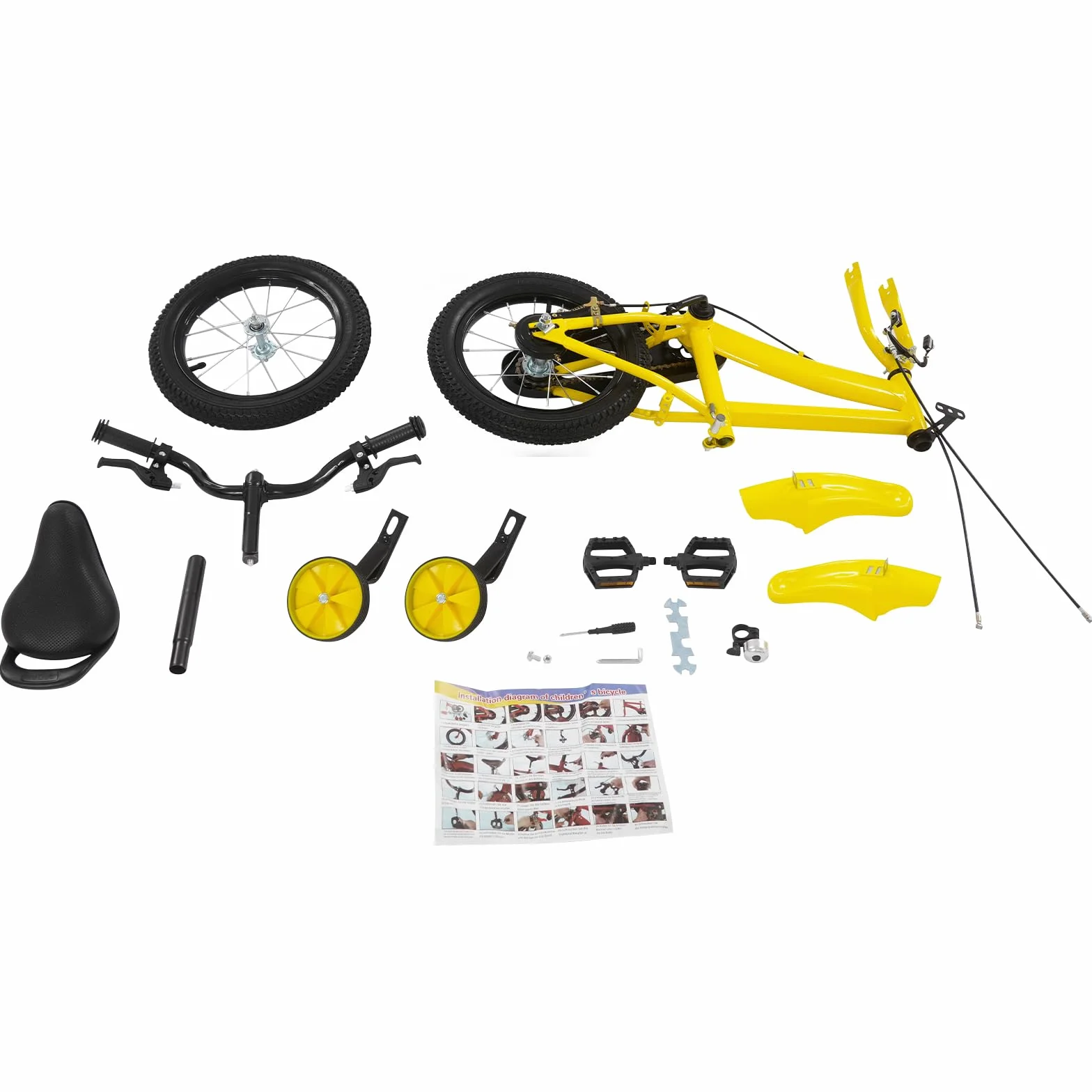 Bicicleta infantil 14 pulgadas ruedas estabilizadoras guardabarros asiento ajustable 43-49 cm amarillo negro