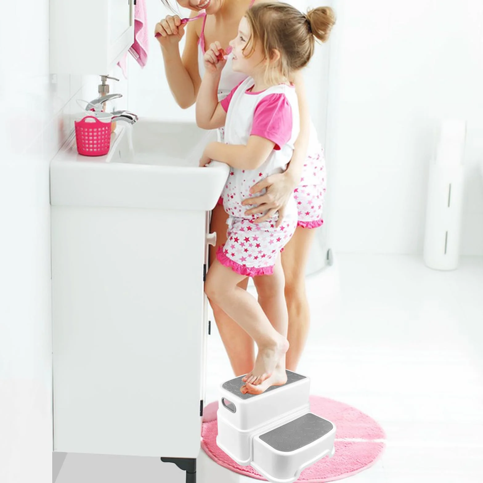 Maxentico 2 Peldaños Escalón Infantil Antideslizante Taburete Baño Niños Escalera Cama WC Cocina Gris