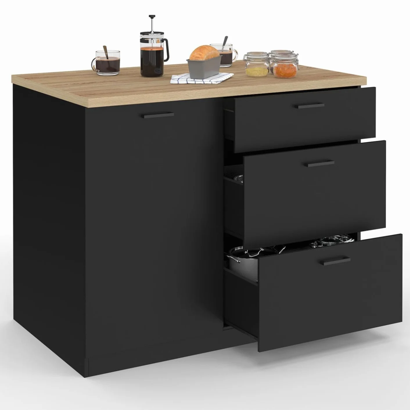 IDMarket - Isla central TIBO 110 cm de extensión frontal con 3 cajones de madera negra con encimera en imitación de madera de haya