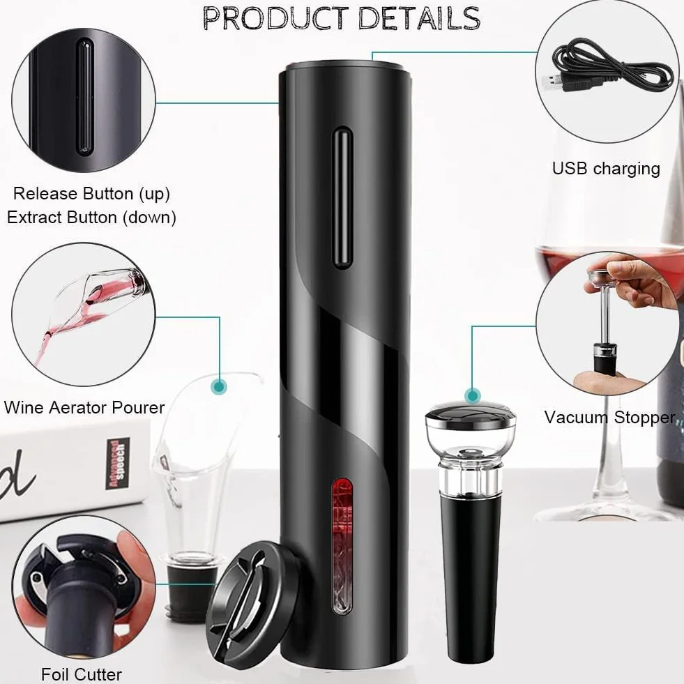 Sacacorchos Eléctrico, USB Recargable Abridor de Vino Automatico Profesional 5 en 1con Cortacapsulas Botella, Vertedor de Vino, Tapón de Vino de Vacío