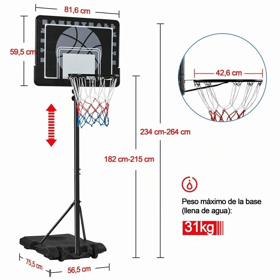 Yaheetech Cesta de Baloncesto Exteriores Portátil Ajustable Altura 219-249/234-264 cm con Pie Ruedas Base Lastre Panel Trasero Resistente Negro