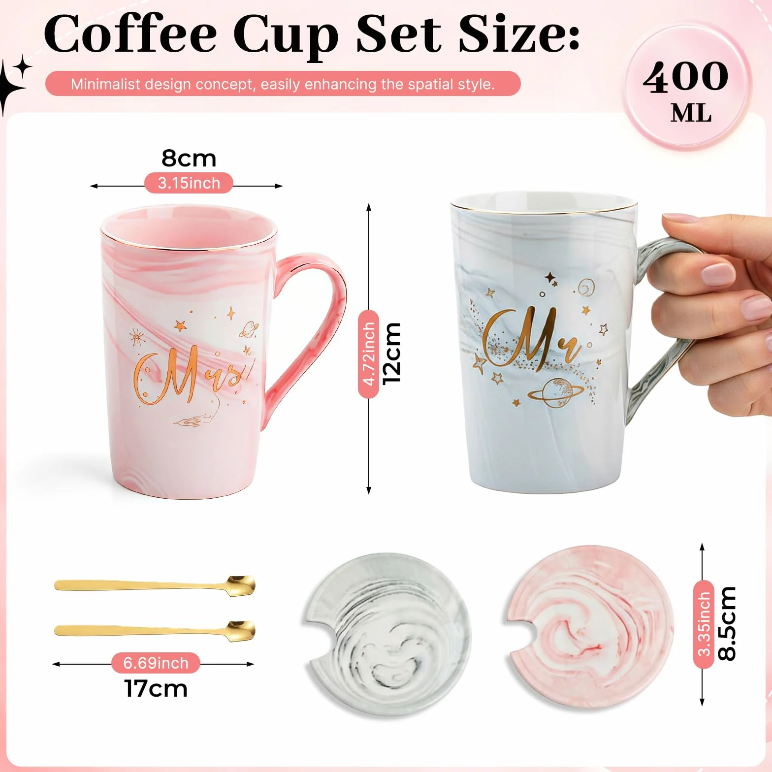 2Pcs Sr. y La Sra. Tazas De Regalo,Mr y Mrs Set de Tazas de Café,400ml Taza de Cerámica con Patrón de Mármol,con Tapa y Cuchara,Caja de Regalo,para Aniversario de Boda,Parejas Casadas