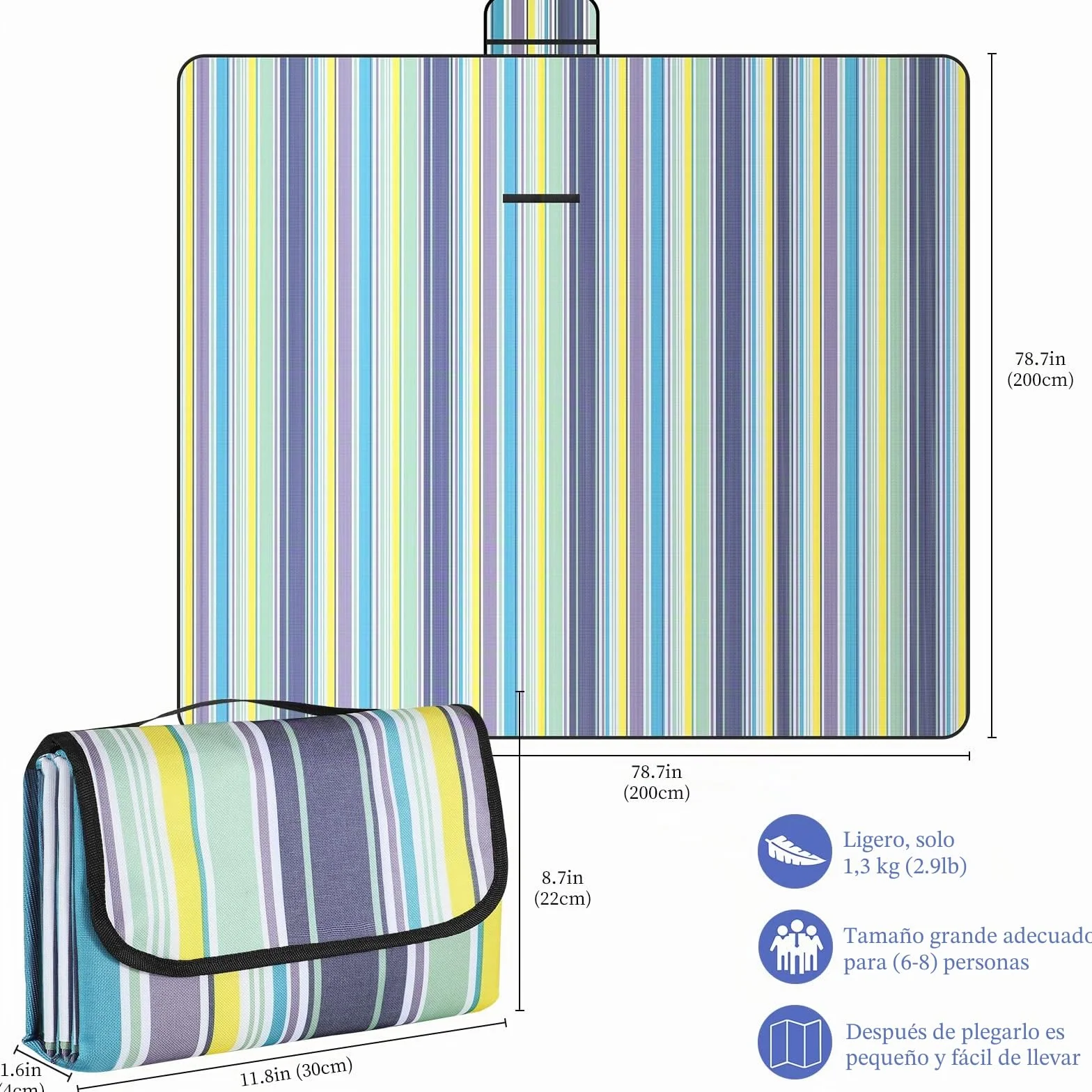 Manta para picnic impermeable 200x200 cm a rayas azules verticales con asa