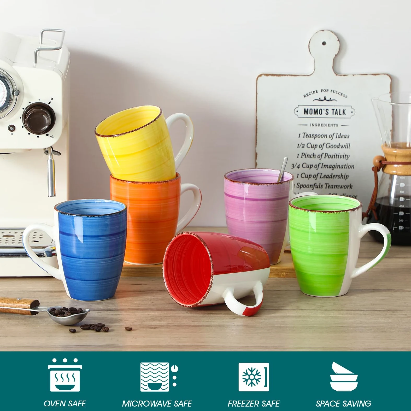 vancasso BONITA Set 6 Tazas de Café, 16 OZ Tazas Desayuno Mugs on Asas, Pintada a Mano Juego de Tazas de Leche de Gres, Microondas y Lavavajillas, Multicolor
