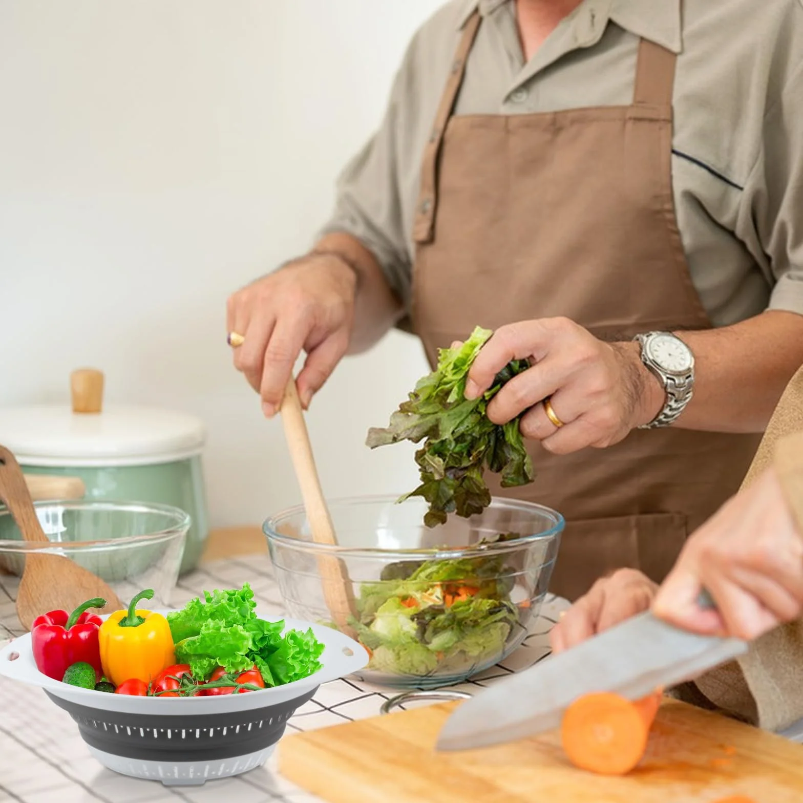 2 Piezas Colador Plegable de Cocina, Coladores de Silicona, Escurridor Plegable con Mango, Escurridor Pasta Verduras, Colador de Pasta Frutas Alimentos, Accesorios