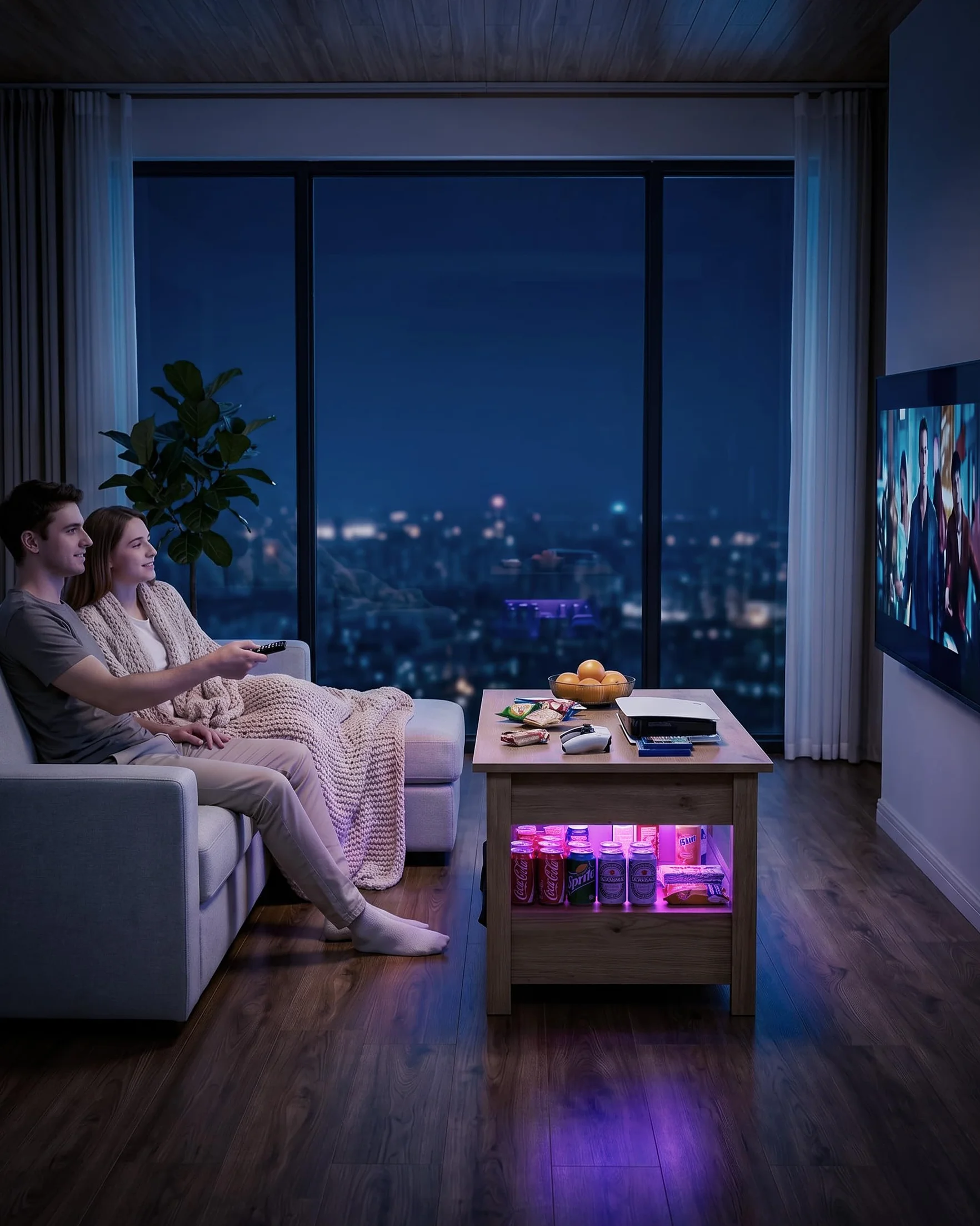 Mesa de Centro Elevable con LED RGB, Mesa Elevable y Extensible para Salón, Mesa Auxiliar Inteligente con Almacenamiento, Mesa para Sofa con Altura Ajustable
