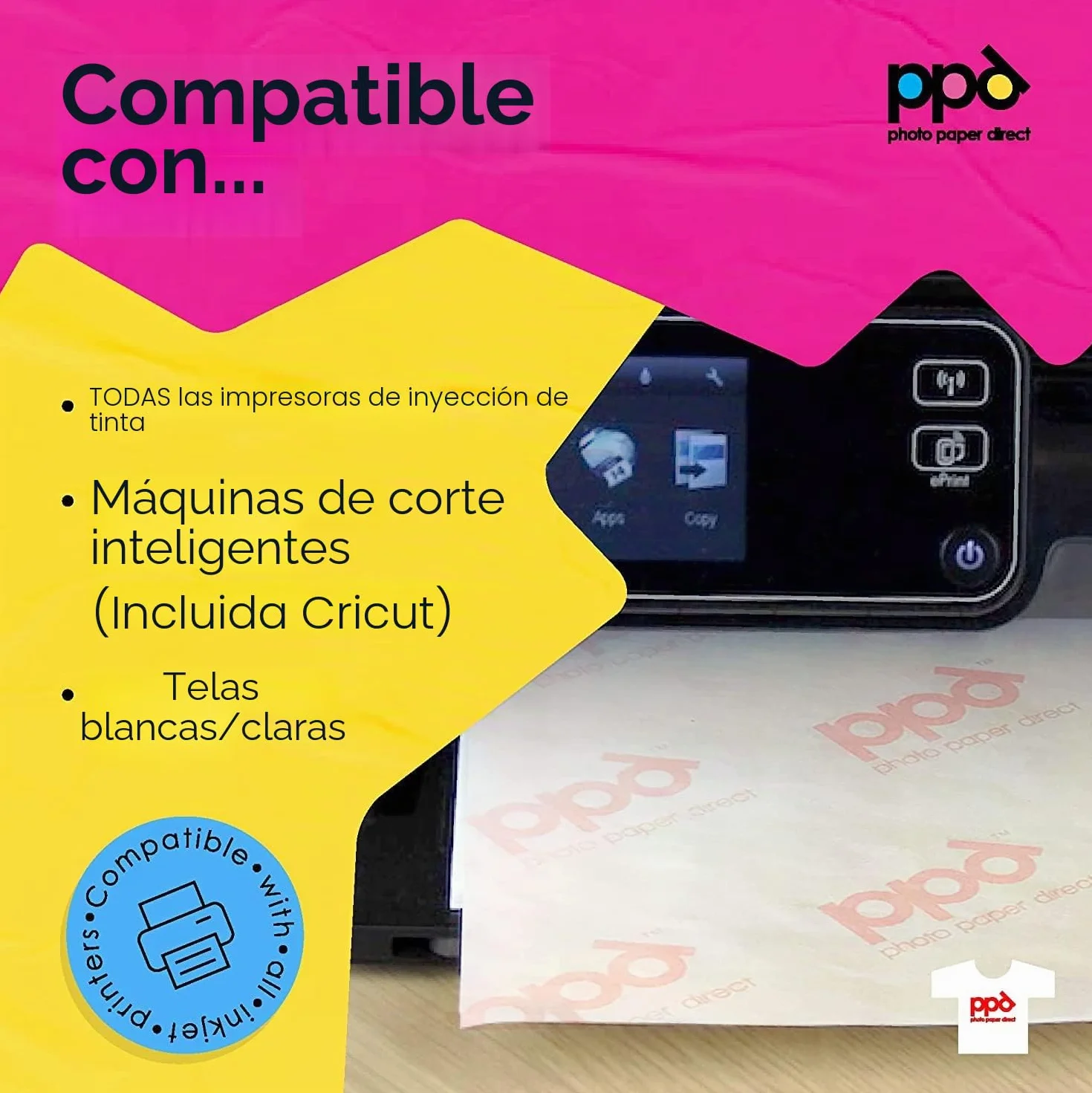 PPD A4 x 5 Hojas de Papel de Transferencia Térmica Para Camisetas, Mascarillas y Tejidos Claros - Para Impresora de Inyección de Tinta Inkjet - PPD-1-5
