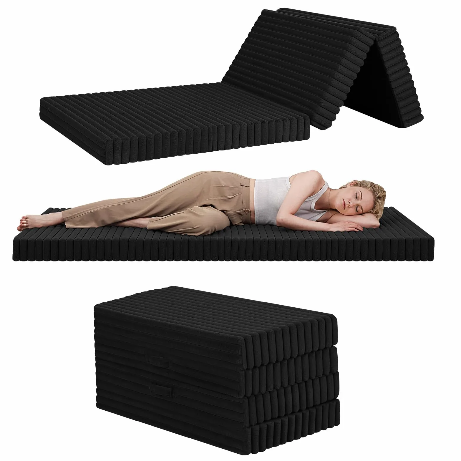 MeMoreCool Colchón plegable individual, 190 x 90 cm, colchón de futón plegable de espuma de alta densidad con funda lavable, tapete portátil para dormir para invitados, viajes, camping, color negro