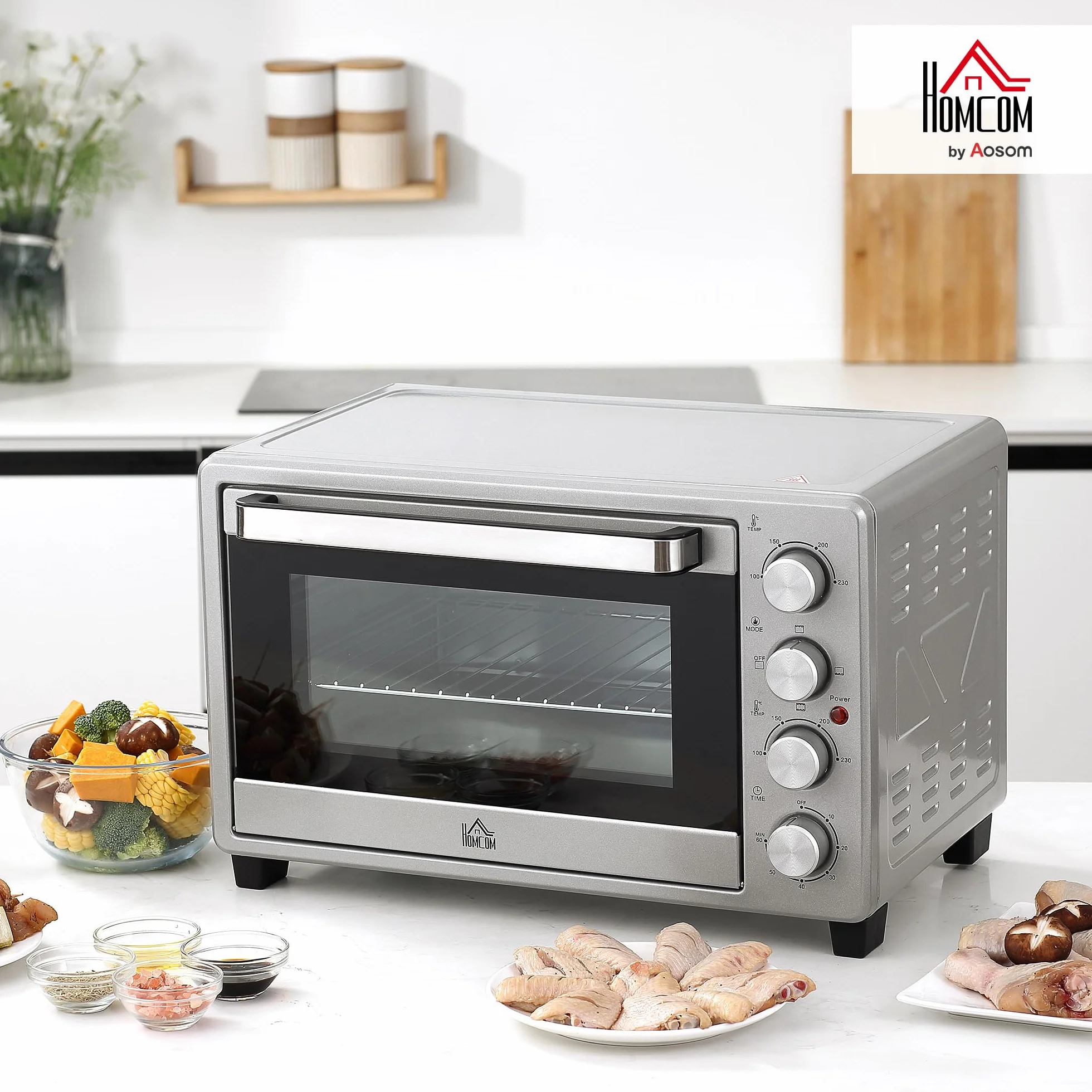 HOMCOM Horno Eléctrico de Sobremesa Mini Horno Tostador de 32L 1600W con 3 Modos de Calor Temporizador 60 Min y Temperatura Regulable hasta 230℃ Plata