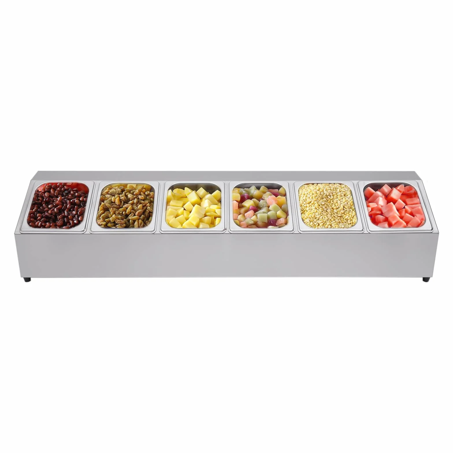 Recipiente de acero inoxidable para ingredientes, contenedor de catering con patas de goma, estante para especias con 6 recipientes para alimentos y 6 tapas, recipiente para ingredientes de