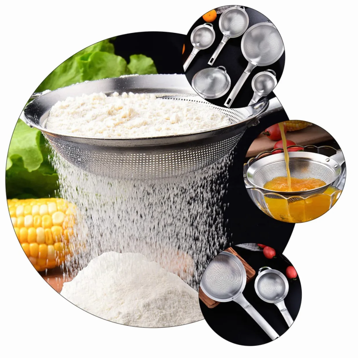 Juego de colador de Acero Inoxidable de 2 Piezas con colador de Malla Fina y cucharón - Plata