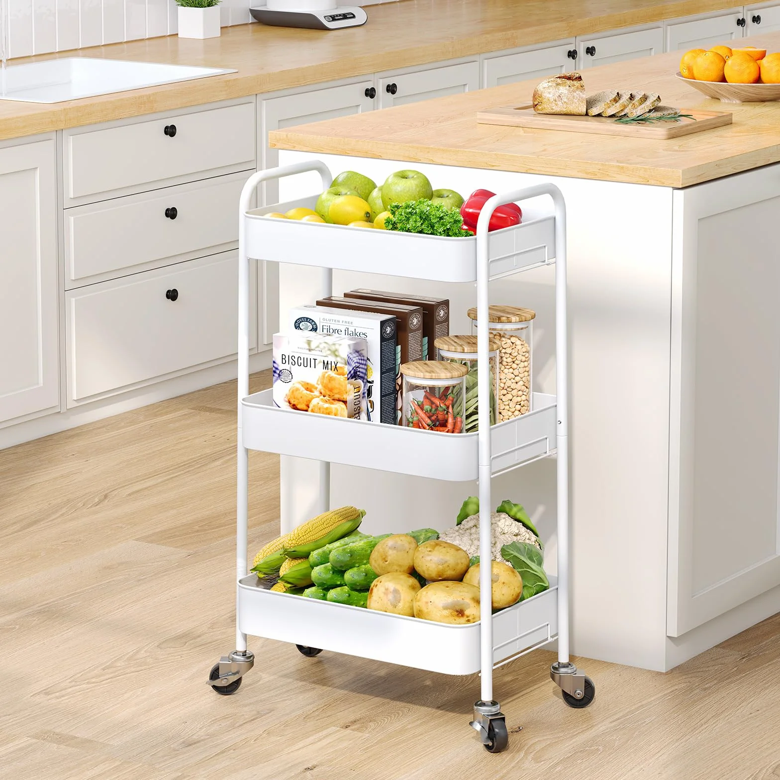 KINGRACK Carro de cocina, carrito con ruedas de 3 niveles, de metal, con asas de ruedas, carrito de estantería para oficina, salón, carrito multiusos para cocina, baño, cosméticos, sin tornillo, fácil