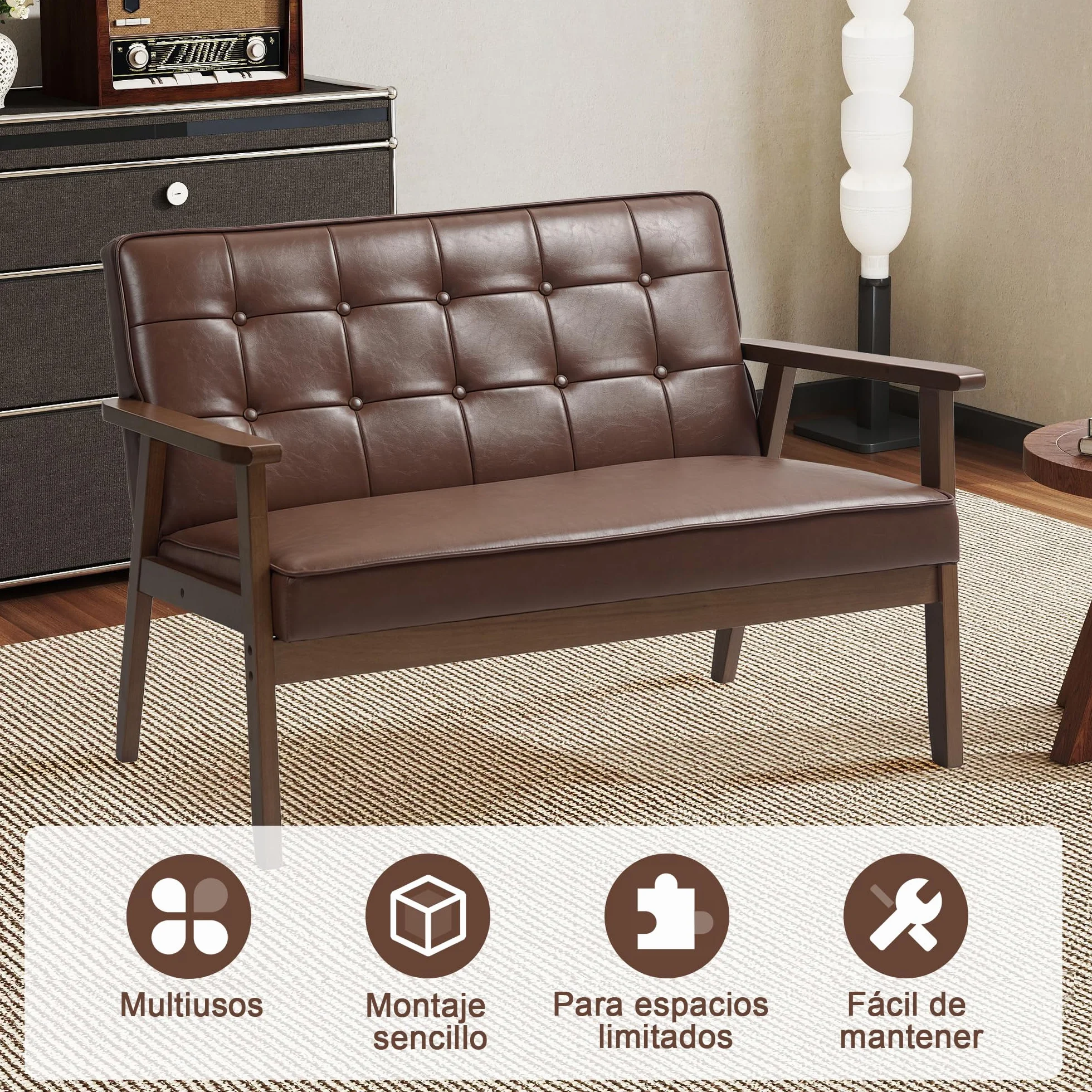 HOMCOM Sillón de 2 Plazas Sofá de 2 Plazas Tapizado en PU con Reposabrazos de Madera Respaldo Acolchado Carga 250 kg Sillón para Salón Dormitorio Marrón