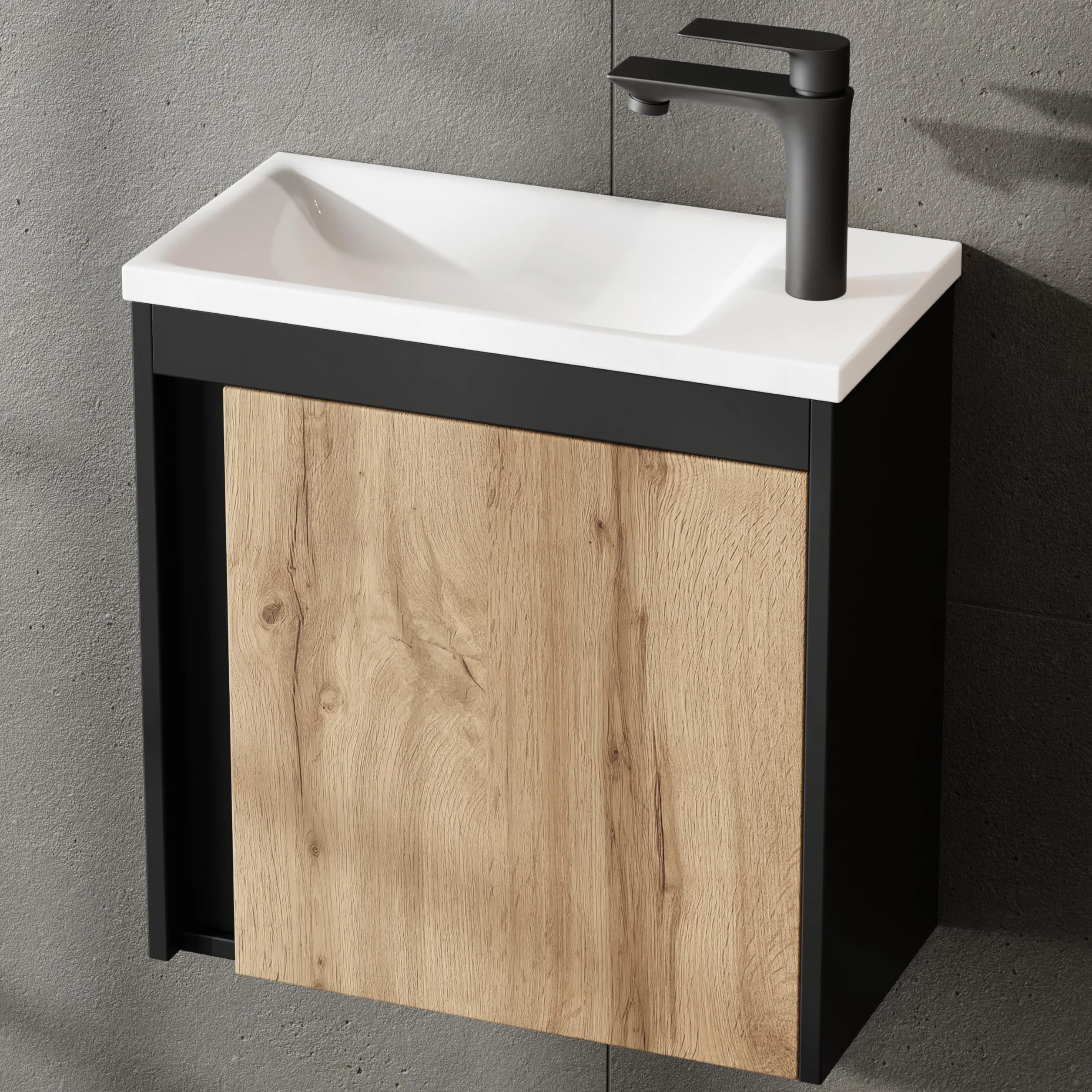 Planetmöbel Juego de muebles de baño de 2 piezas, Lavabo con armario inferior, 50 x 48,3 x 24,8 cm, Negro Mate/roble Wotan, Armario bajo lavabo con lavabo blanco