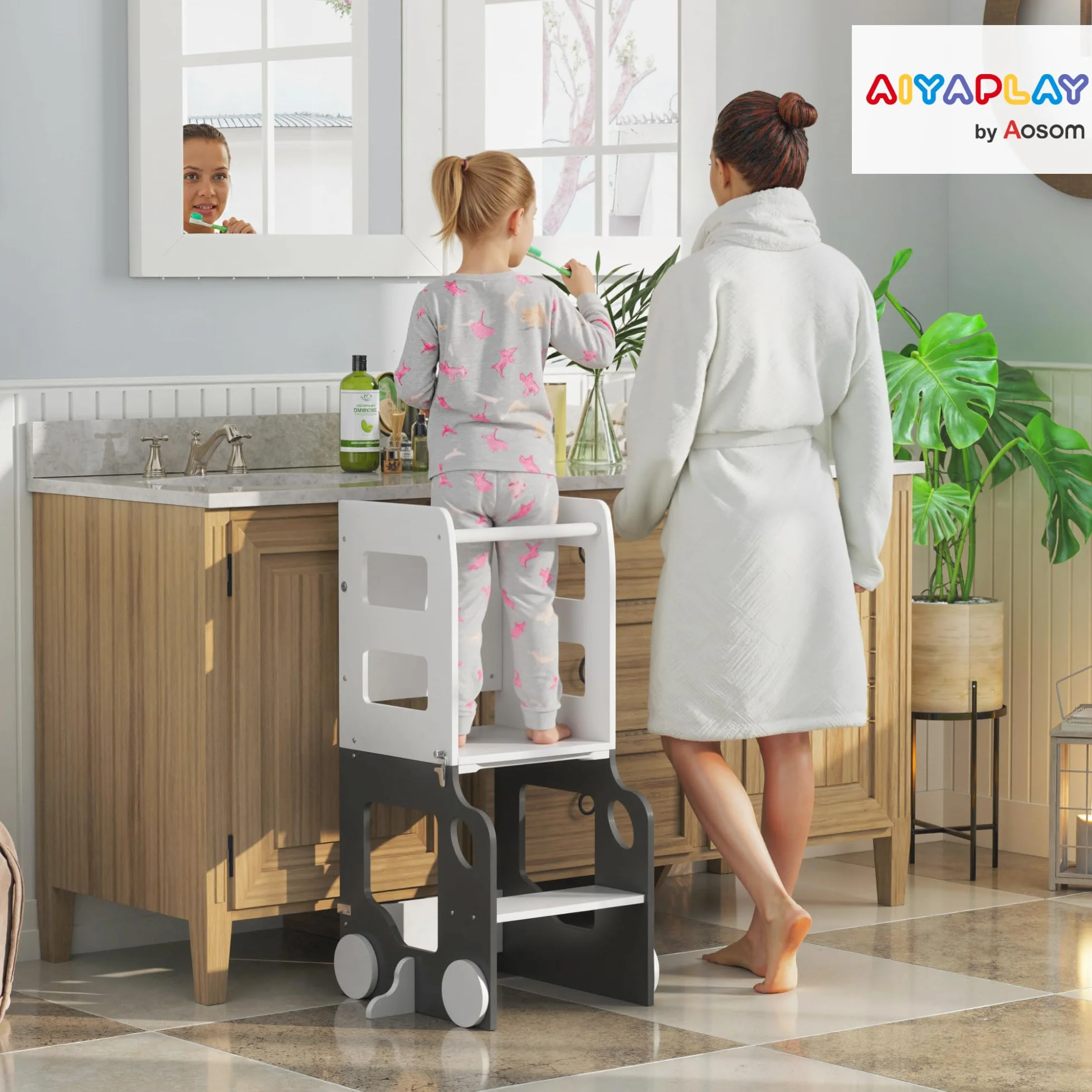 AIYAPLAY Torre de Aprendizaje Montessori 4 en 1 Taburete para Niños +3 Años 58x46x92 cm Blanco y Gris