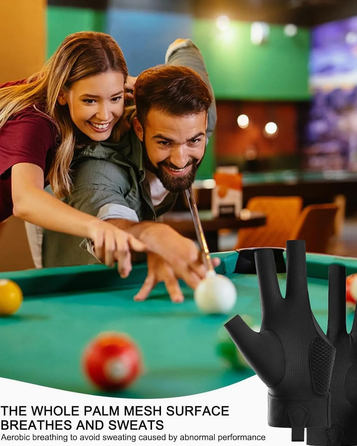 Guantes de Billar Transpirables y Antideslizantes - Abiertos de Tres Dedos, Ajustables, Para Snooker y Taco de Billar, Mano izquierda, Color Negro,1pcs