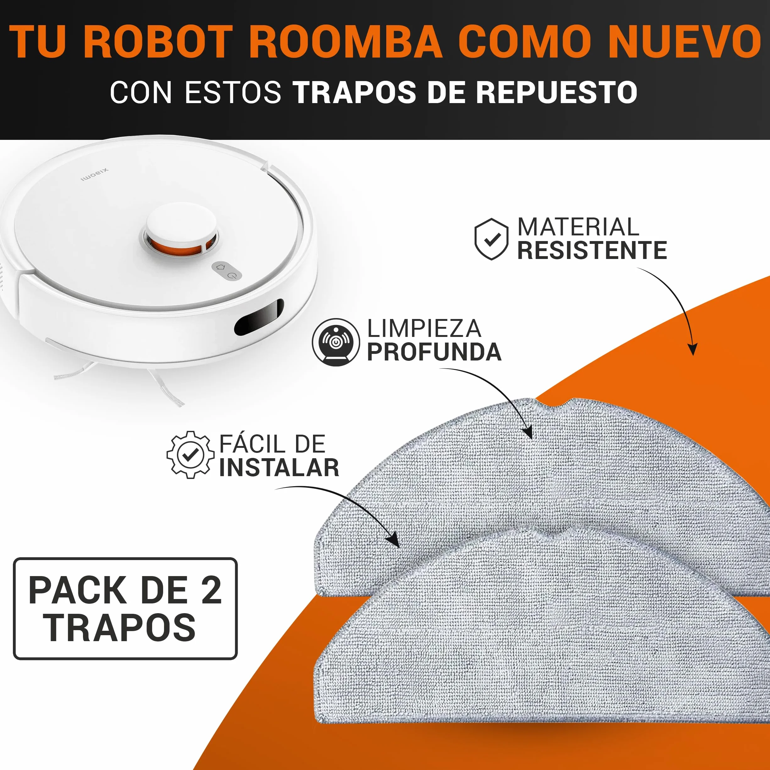 2 Mopas de Microfibra Para Xiaomi Vacuum S20 (D106), 3C, E10, Pack De 2 Trapos de Reemplazo, Kit De Repuestos Para Aspiradora Robot Vacuum, Para Xiaomi Mijia Vacuum Mop 3C (C103) / 3C Plus (B112)