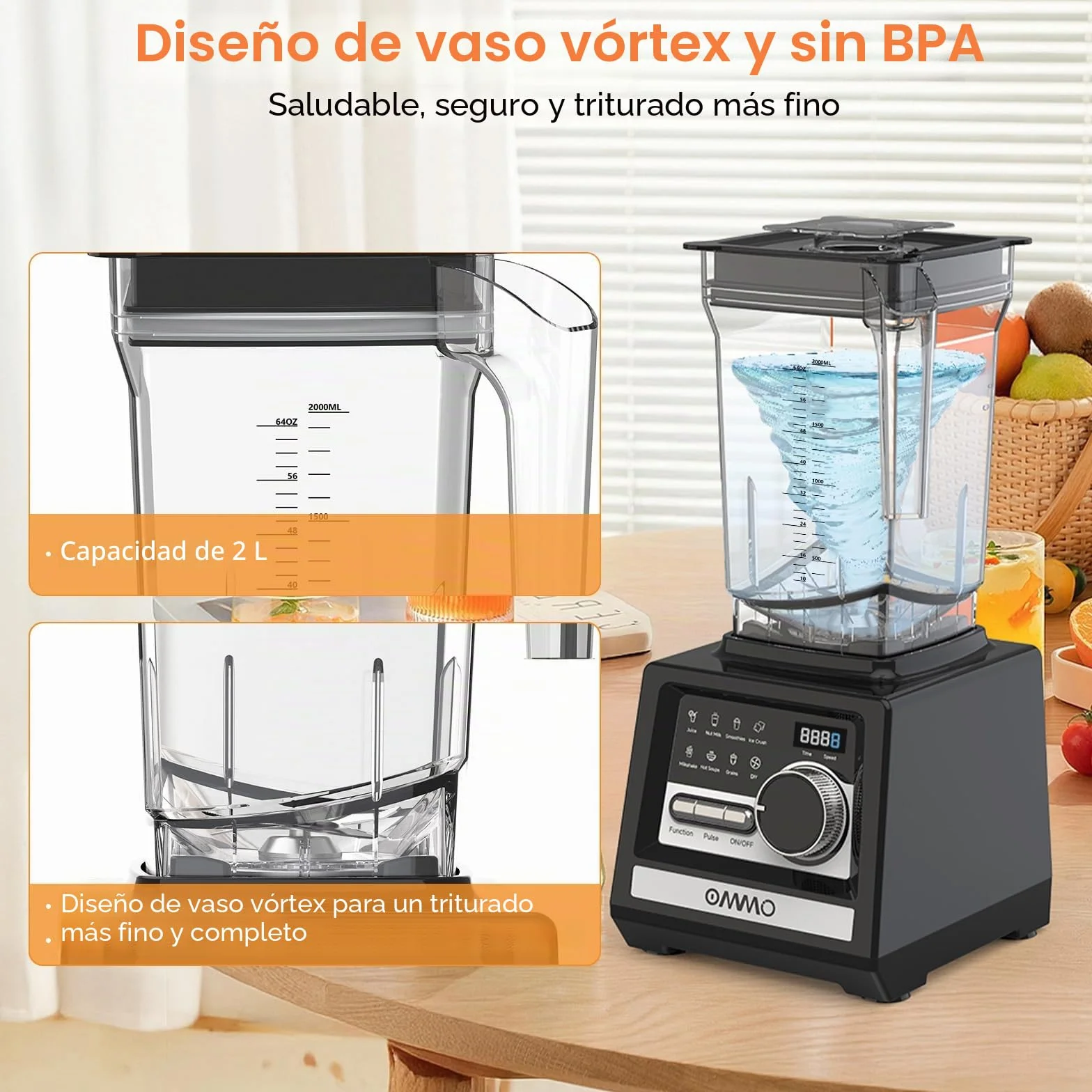 OMMO 2L Batidora de Vaso, 1800W Batidora Smoothies con 9 Controles de Velocidad para Hielo Roto, Batidos, Bebidas y Frutas Congeladas, Sin BPA