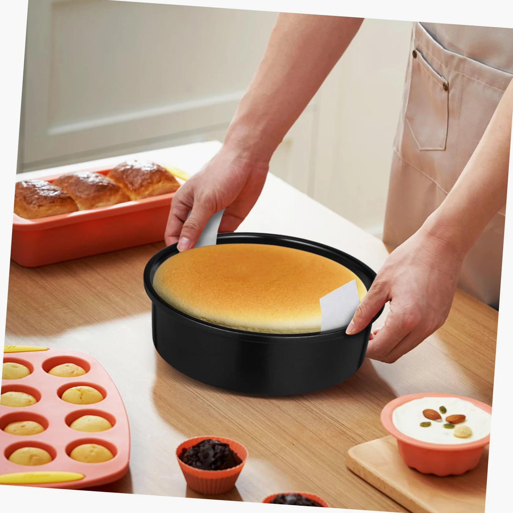 POPETPOP Juego de 3 Moldes Redondos para Pasteles, 8 Pulgadas, Acero al Carbono Negro, Antiadherente, con 100 Hojas de Papel Pergamino para Repostería