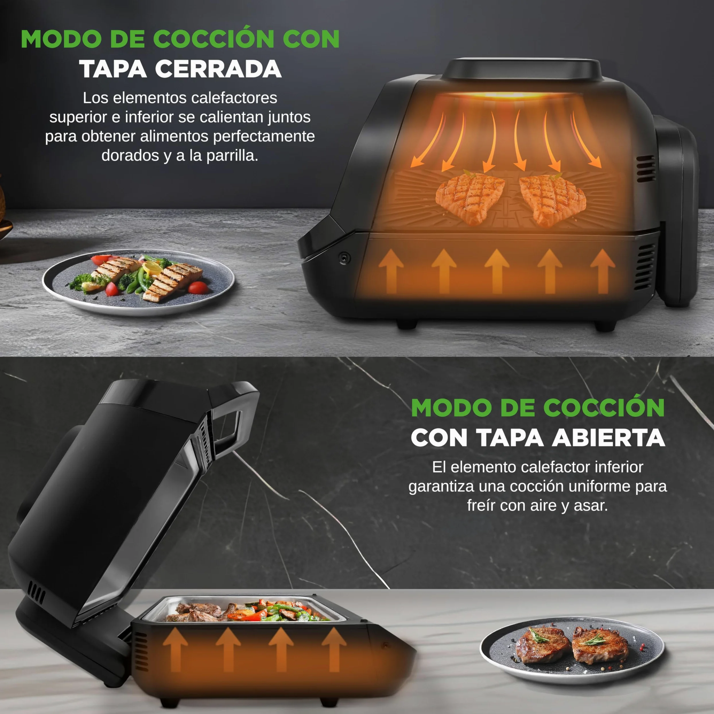 NutriChef Parrilla Electrica de Interior y Freidora de Aire 7 en 1 sin Humo, 6L, Termometro Integrado, Control de Temperatura, Placas Antiadherentes Desmontables