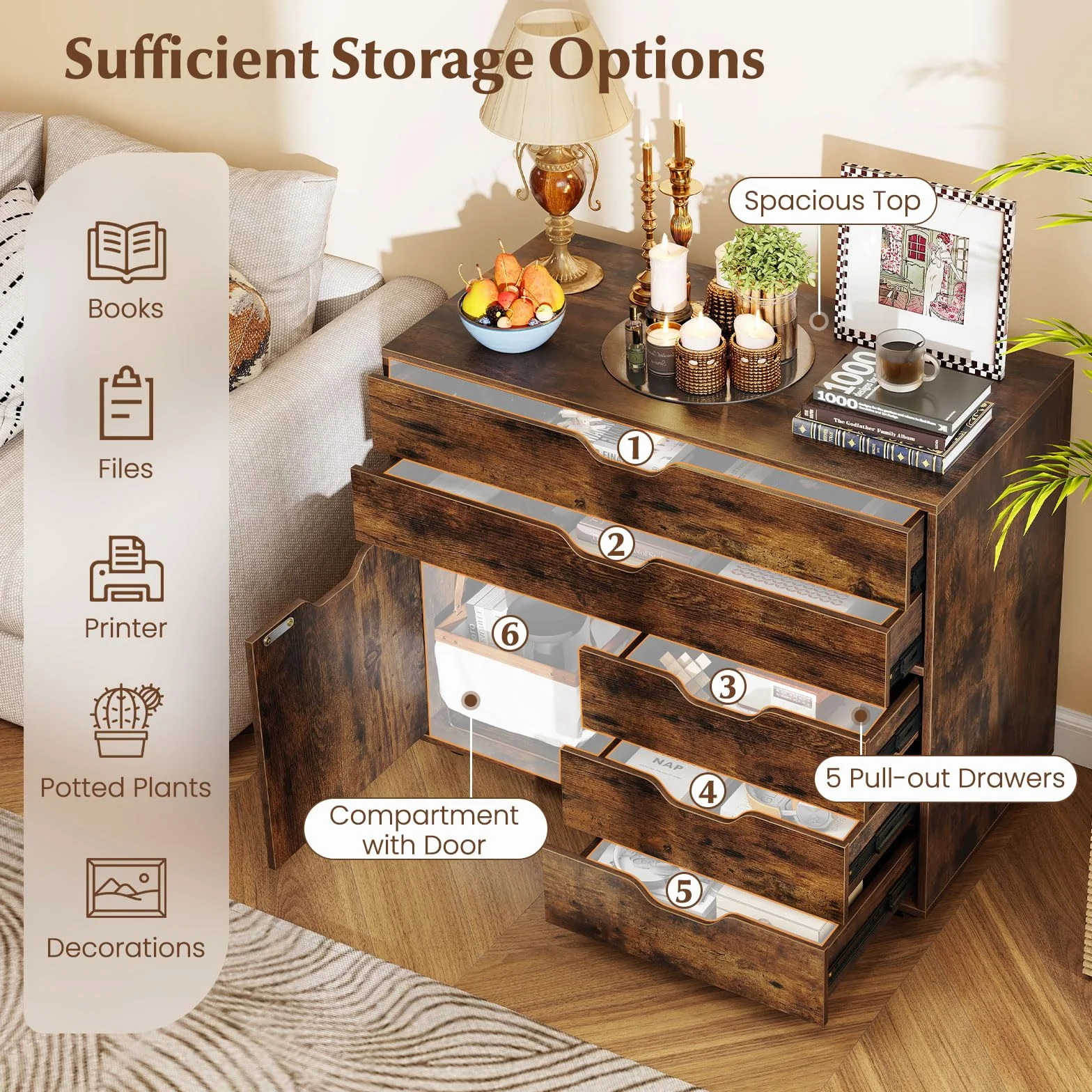 KOMFOTTEU Archivador Móvil con 5 Ruedas, Soporte para Impresora con 5 Cajones en 2 Tamaños y Armario con Puerta, Mueble de Almacenaje para Oficina, Cajonera Escritorio, 77,5 x 40 x 64 cm (Marrón)