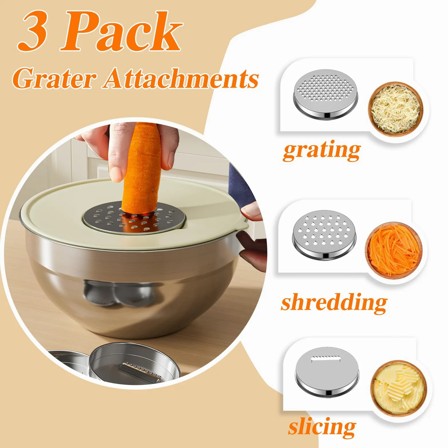 Juego de 6 cuencos para mezclar con tapas, cuencos de acero inoxidable con 3 accesorios de rallador, organizadores de almacenamiento de alimentos de cocina, tazón de mezcla anidado, tamaño