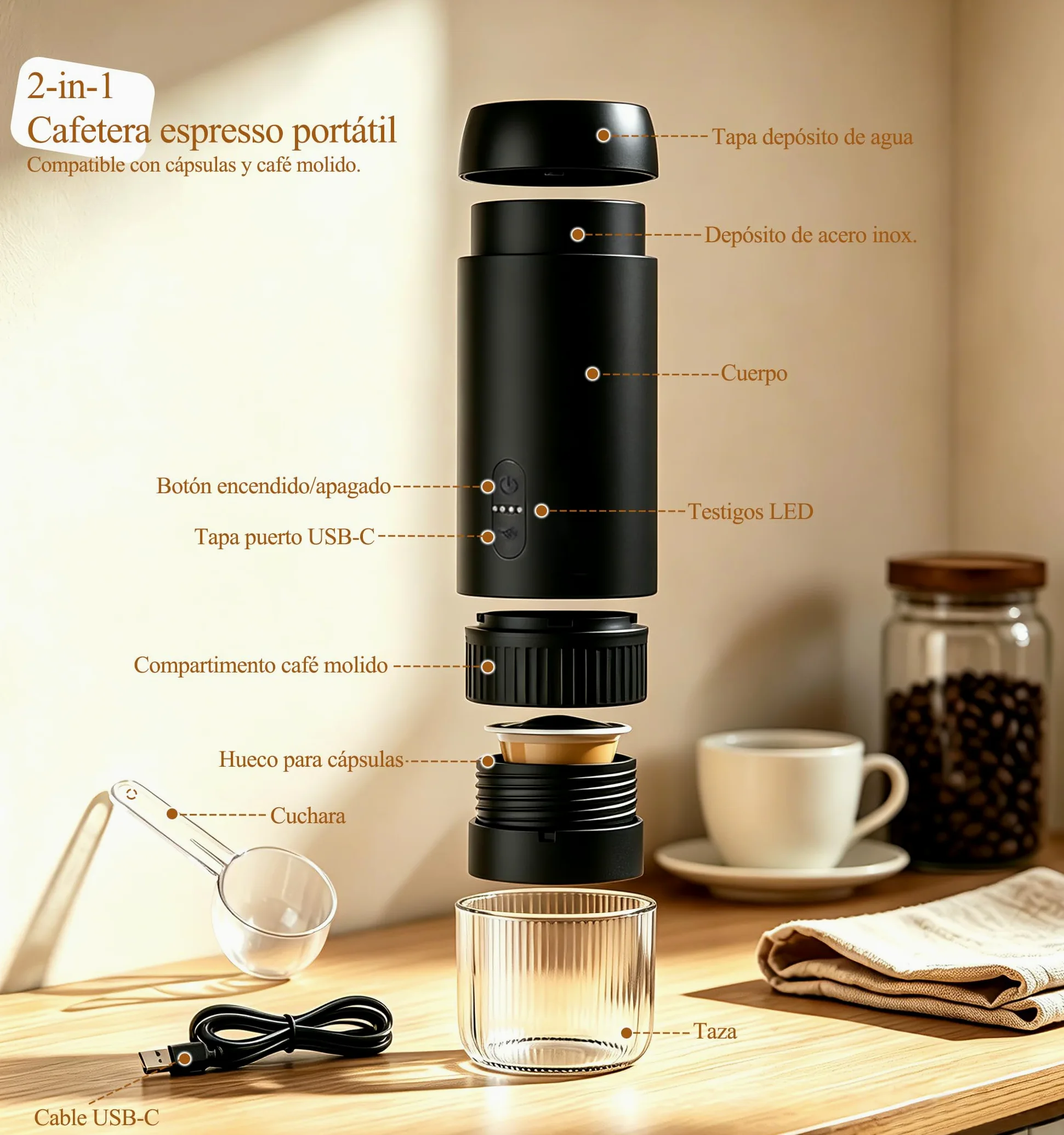 Cafetera espresso eléctrica portátil, para café molido y cápsulas | Cafetera de viaje 2 en 1, presión 20 bares, recarga USB-C, diseño compacto, para camping, coche y picnic
