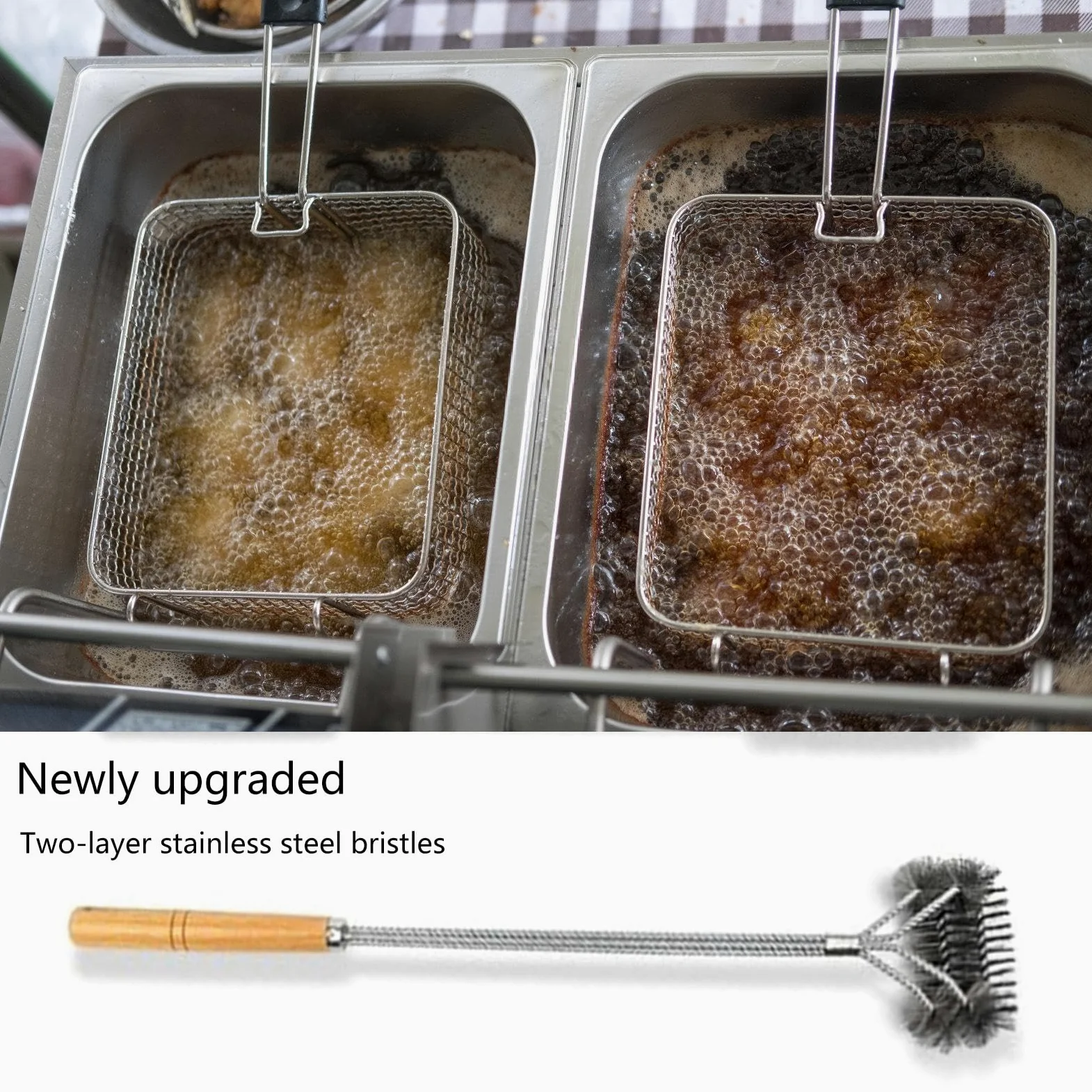 3 herramientas de limpieza para freidoras, incluyendo cepillo limpiador de freidora, barra de freidora, mango largo, cepillo limpiador de cesta de freidora