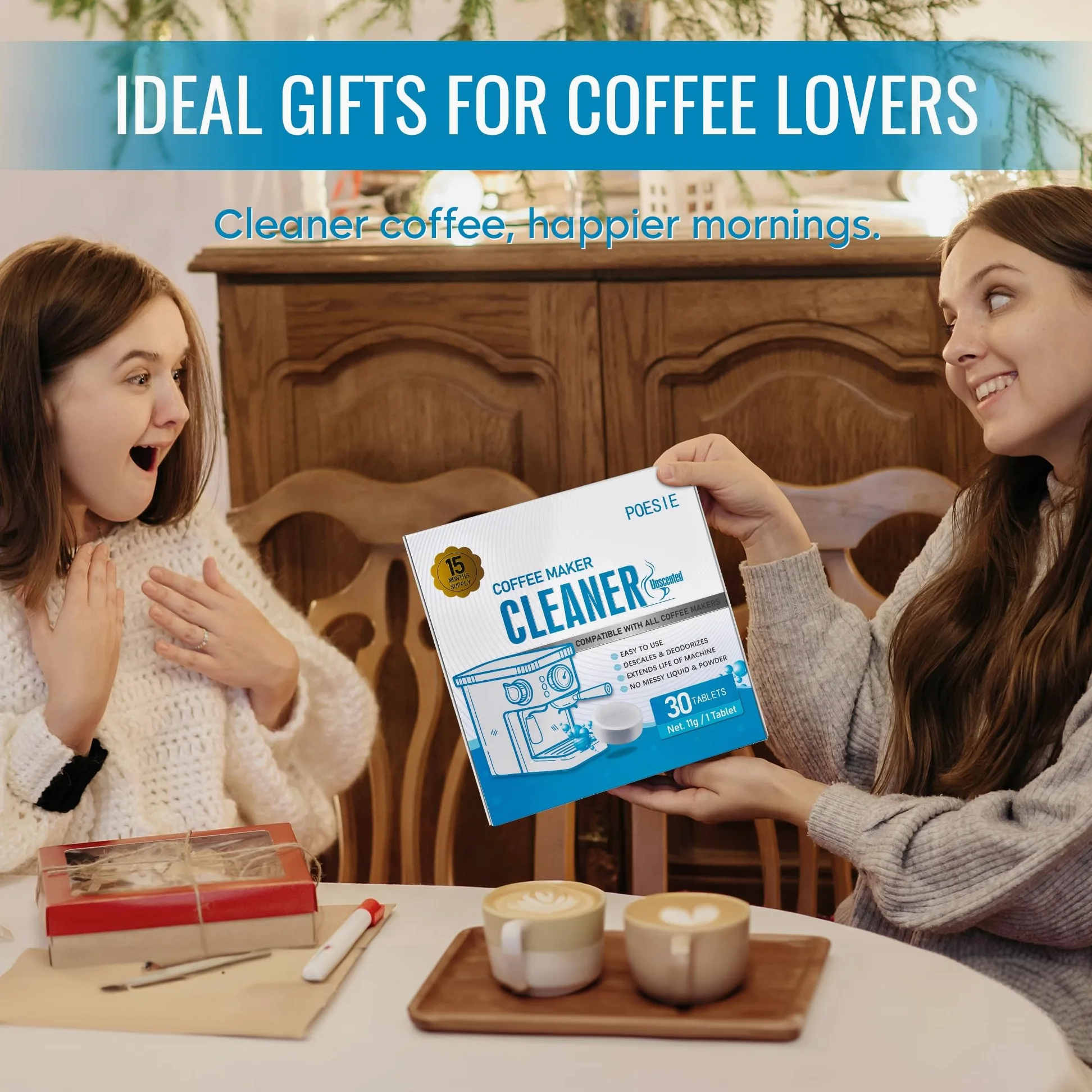 Poesie 30 pastillas de limpieza para cafetera, descalcificador para cafetera, compatible con todas las máquinas de café, descalcificación y limpieza para café por goteo y espresso