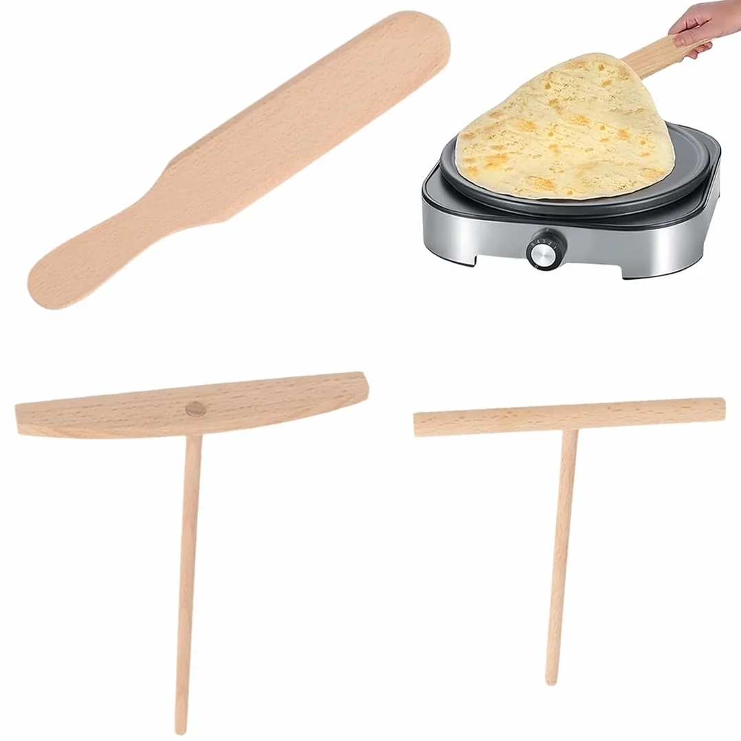IKOPFLN Crepera de madera de 3 piezas, juego de crepera, espiral de crepe en forma de T, molde para crepes, molde para crepes