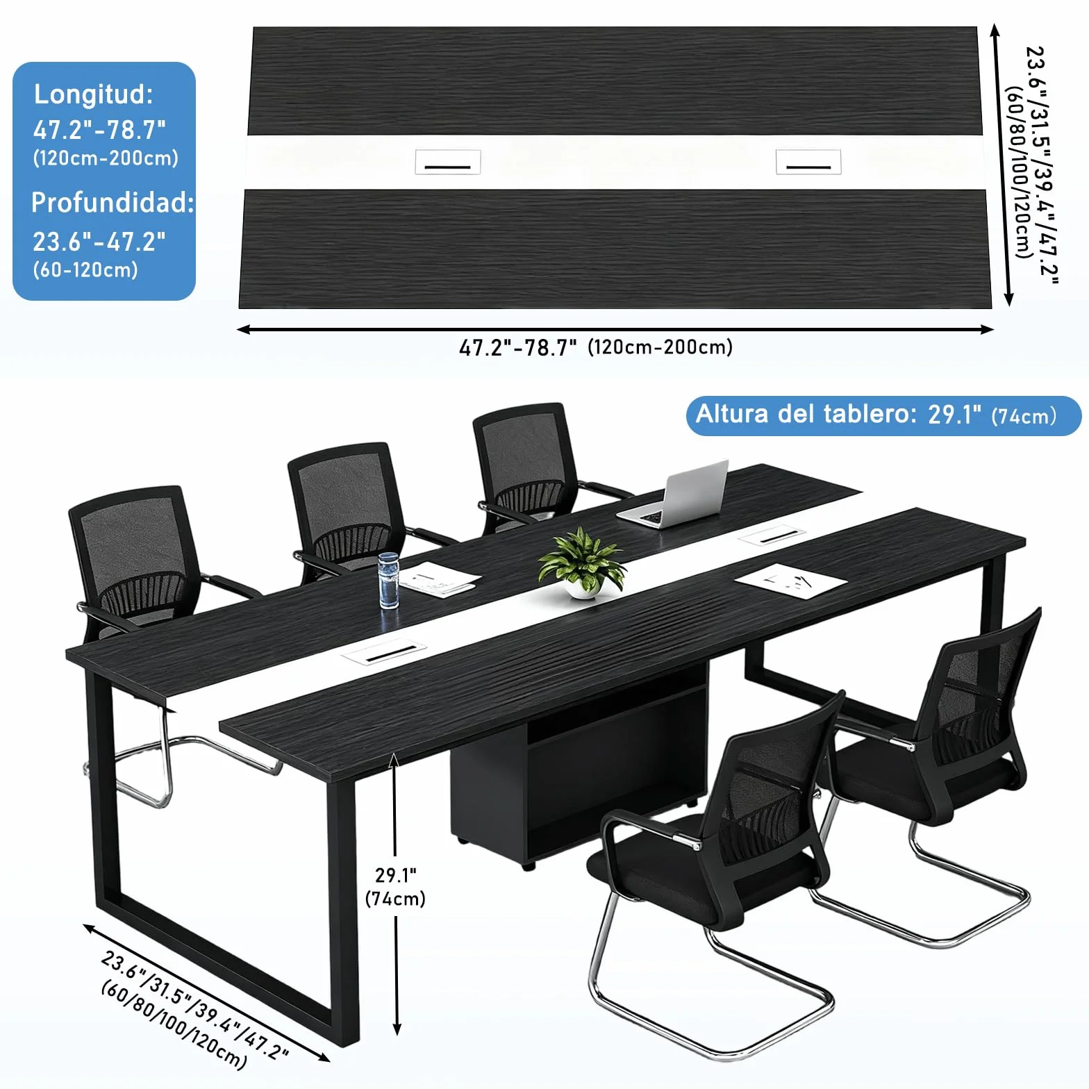 Mesa de Conferencias Grande con Módulo de Almacenamiento — Mesa de Reuniones Moderna 8–12 Personas, Estructura Metálica Negra, Ideal para Oficinas, Salas de Reuniones y Seminarios