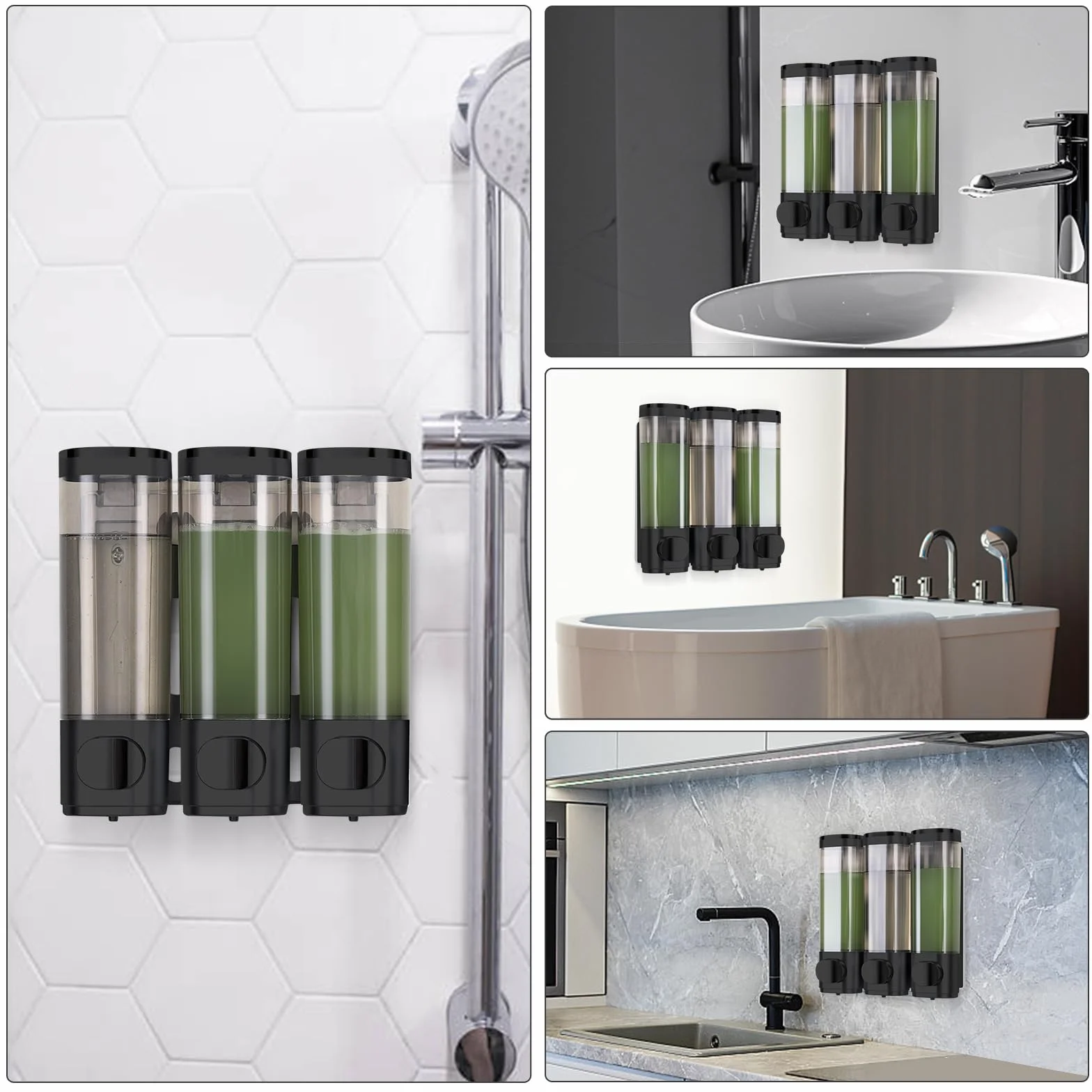 Dispensador de jabón de pared, dispensador para gel de ducha, juego de 3 dispensadores de jabón sin perforación, liberación uniforme del líquido, a prueba de fugas, adecuado para champú, gel de ducha