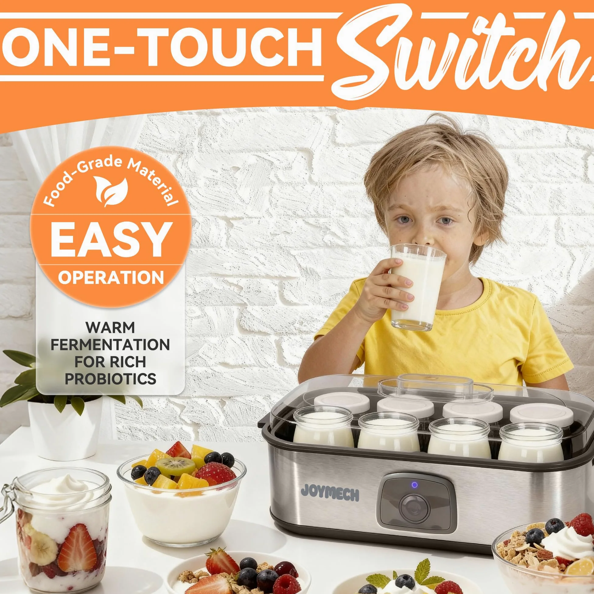 JoyMech Máquina para hacer yogurt, 8 tarros de vidrio con tapas reutilizables para yogur, avena, pudín o gelatina, marcial de grado alimenticio, control de un solo toque, yogur casero