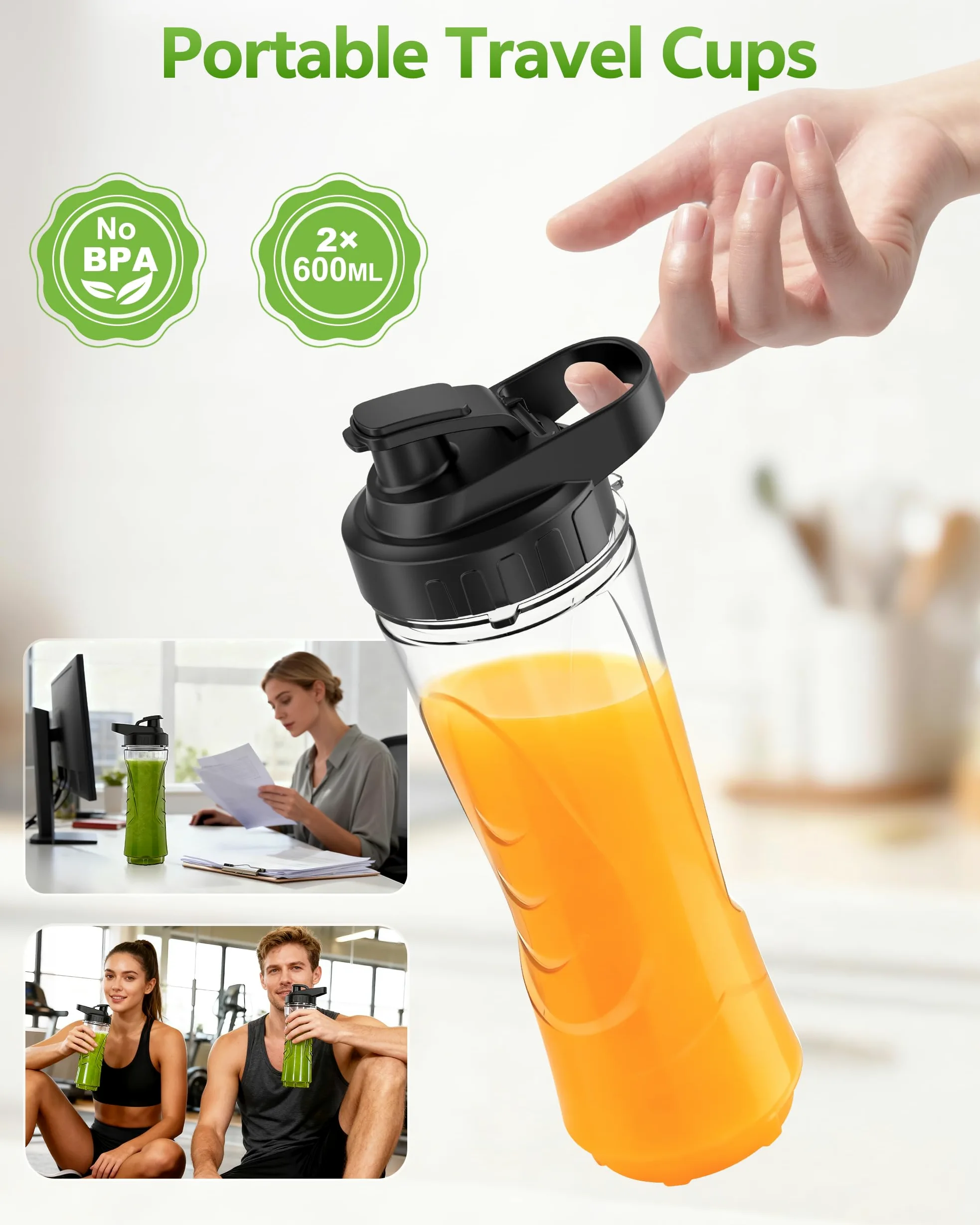 500W Batidora de Vaso,Batidora Portatil con 2 Botellas 600ml sin BPA,4 Cuchillas Inox,22000 rpm,Batidora Smoothies,Smoothie Blender, Mini Licuadora,Portable Blender,Mini Batidora Portatil