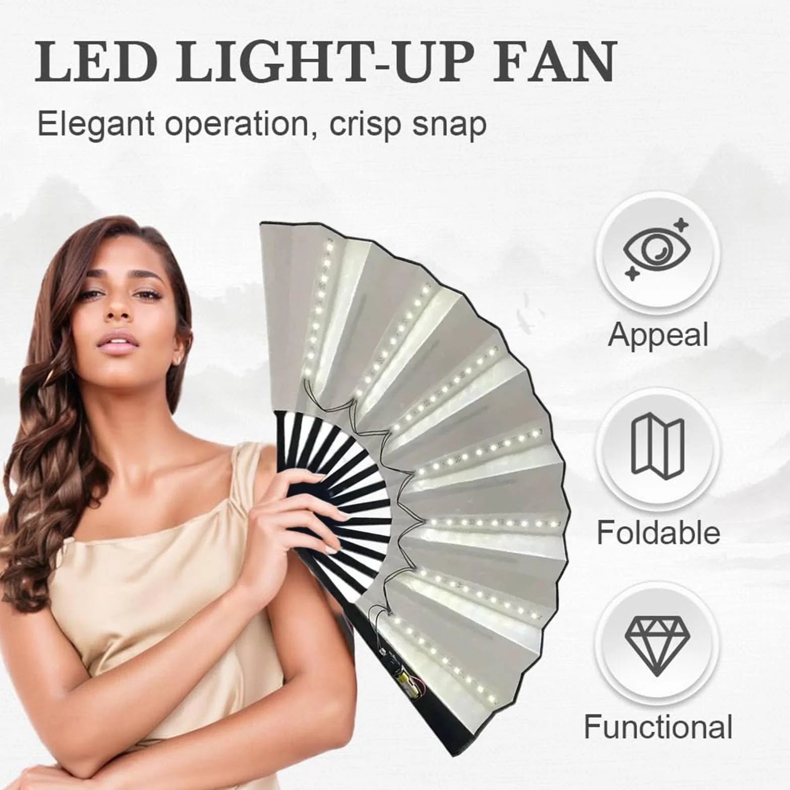 Abanico de mano LED grande plegable para mujer baile escenario boda decoración hogar