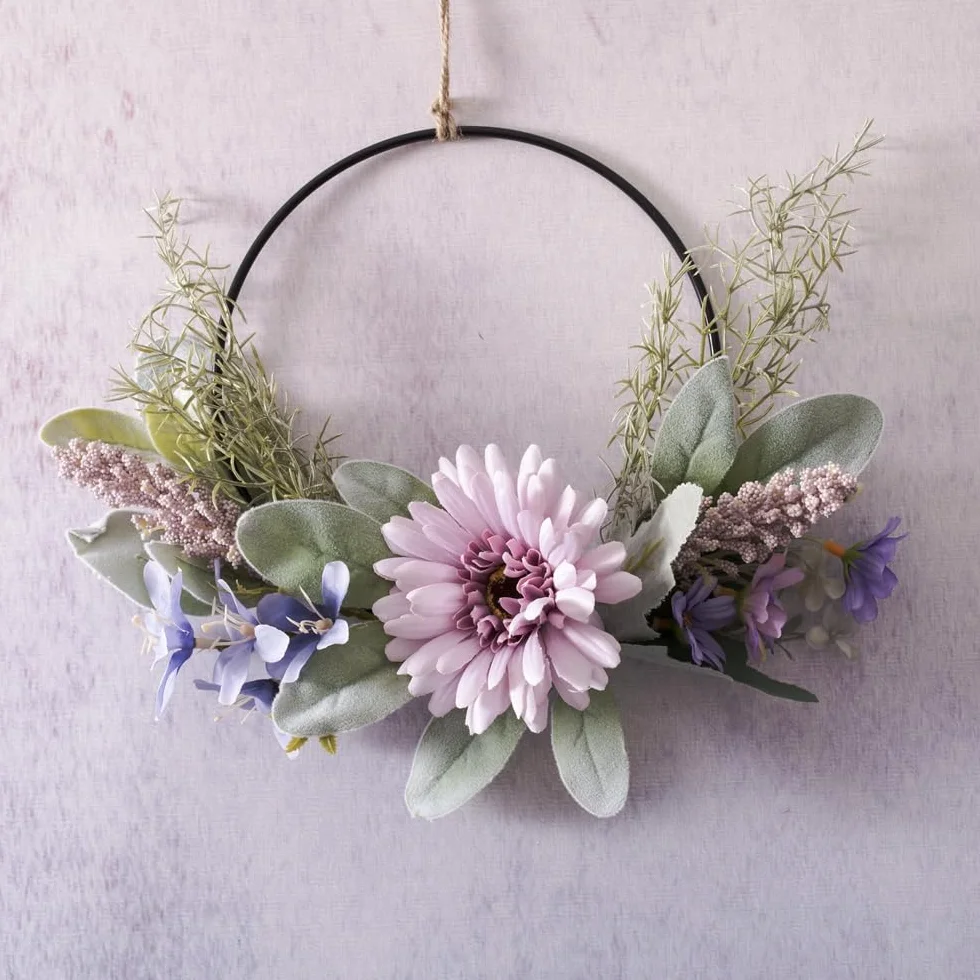 LOMOHOO Corona de puerta, decoración de flores artificiales, guirnalda de bienvenida, corona de puerta, corona de pared, corona de metal, anillos decorativos para boda, salón