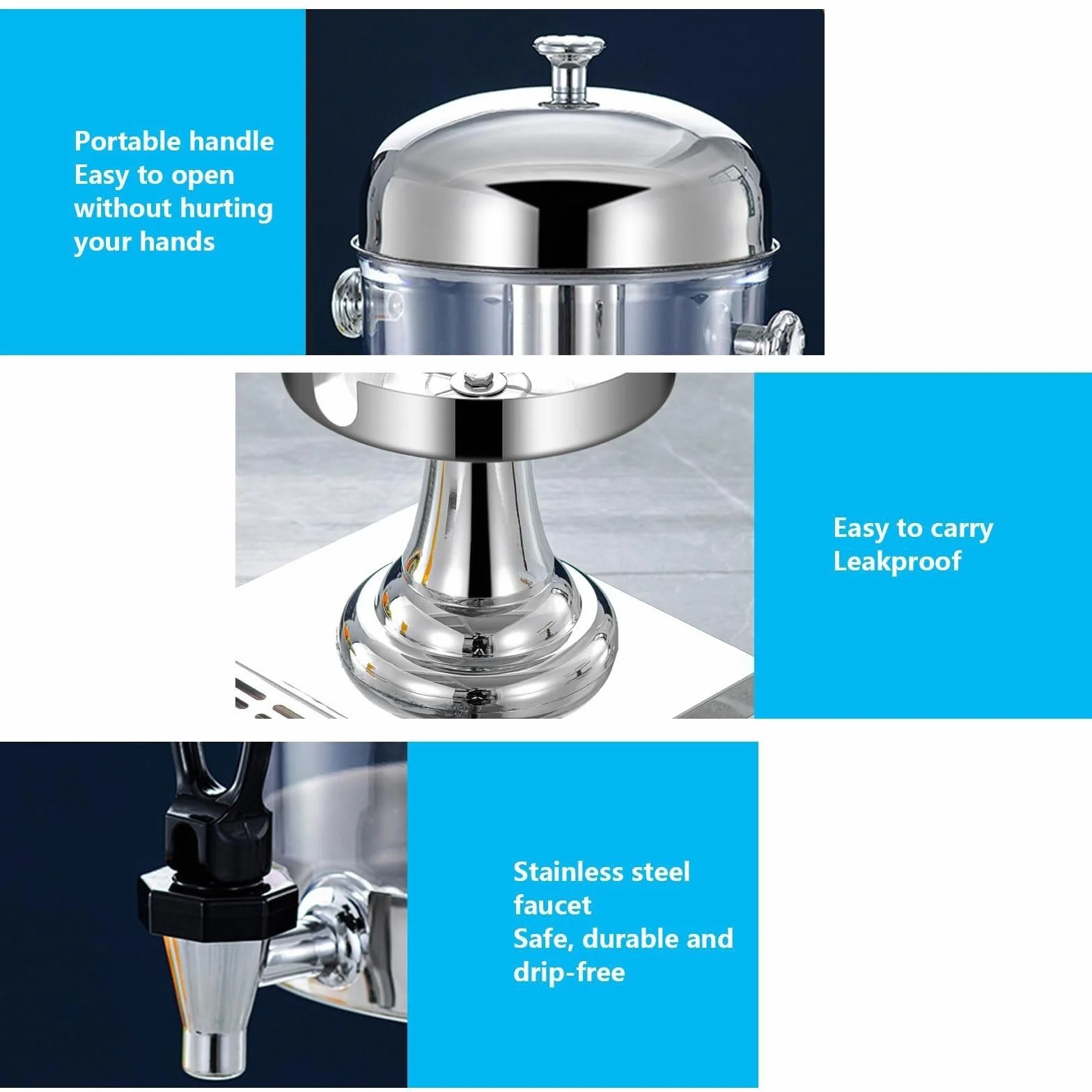 Dispensador de bebidas de 8 L con espiga y bandeja de cámara de hielo, dispensador de bebidas de acero inoxidable y plástico para fiestas y eventos, ideal para zumos y bebidas frías