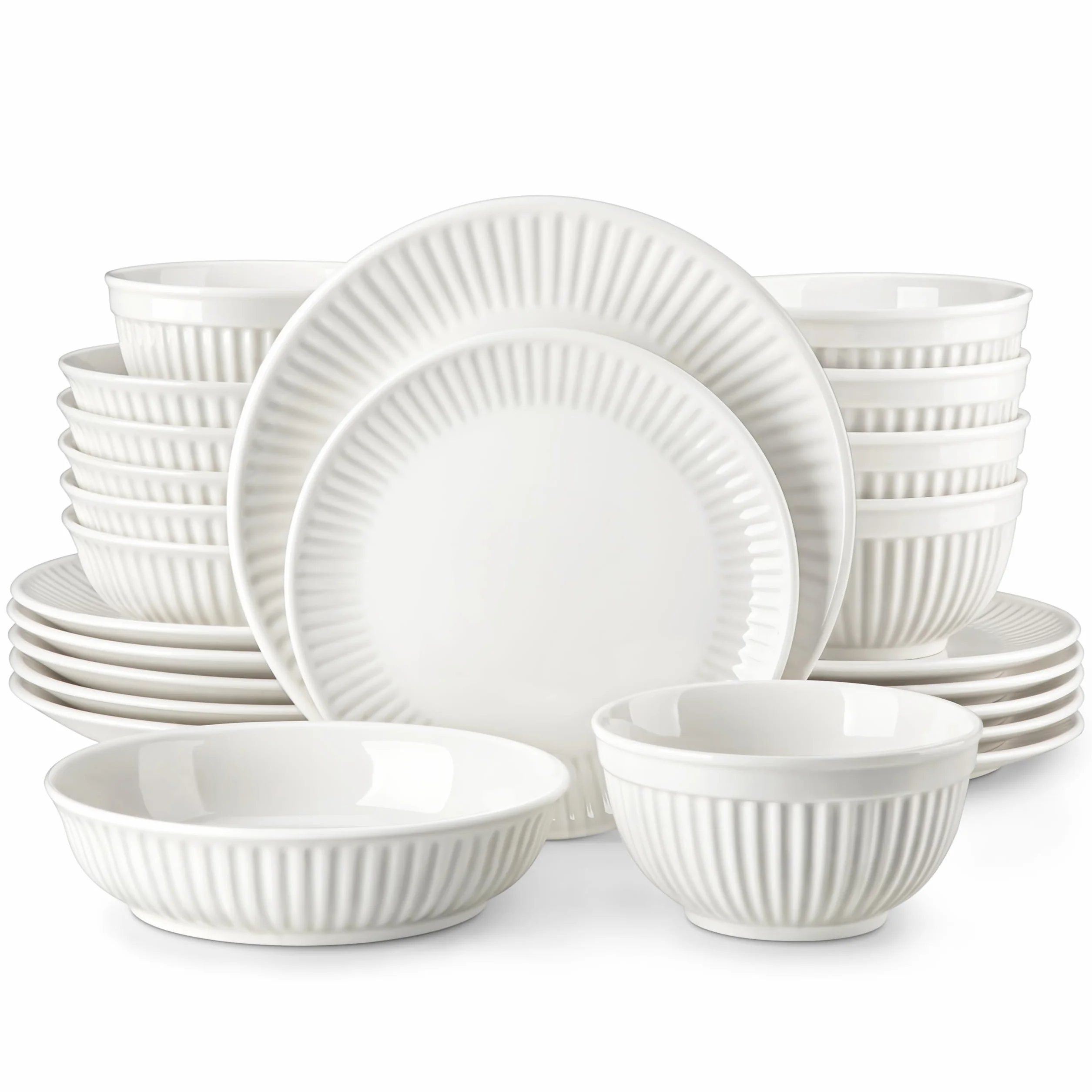 MALACASA Vajillas Completas 6 Personas de Porcelana, 24 Piezas Juego de Vajilla Modernas con Relieve Ondulado, Blanco - Serie LEILA
