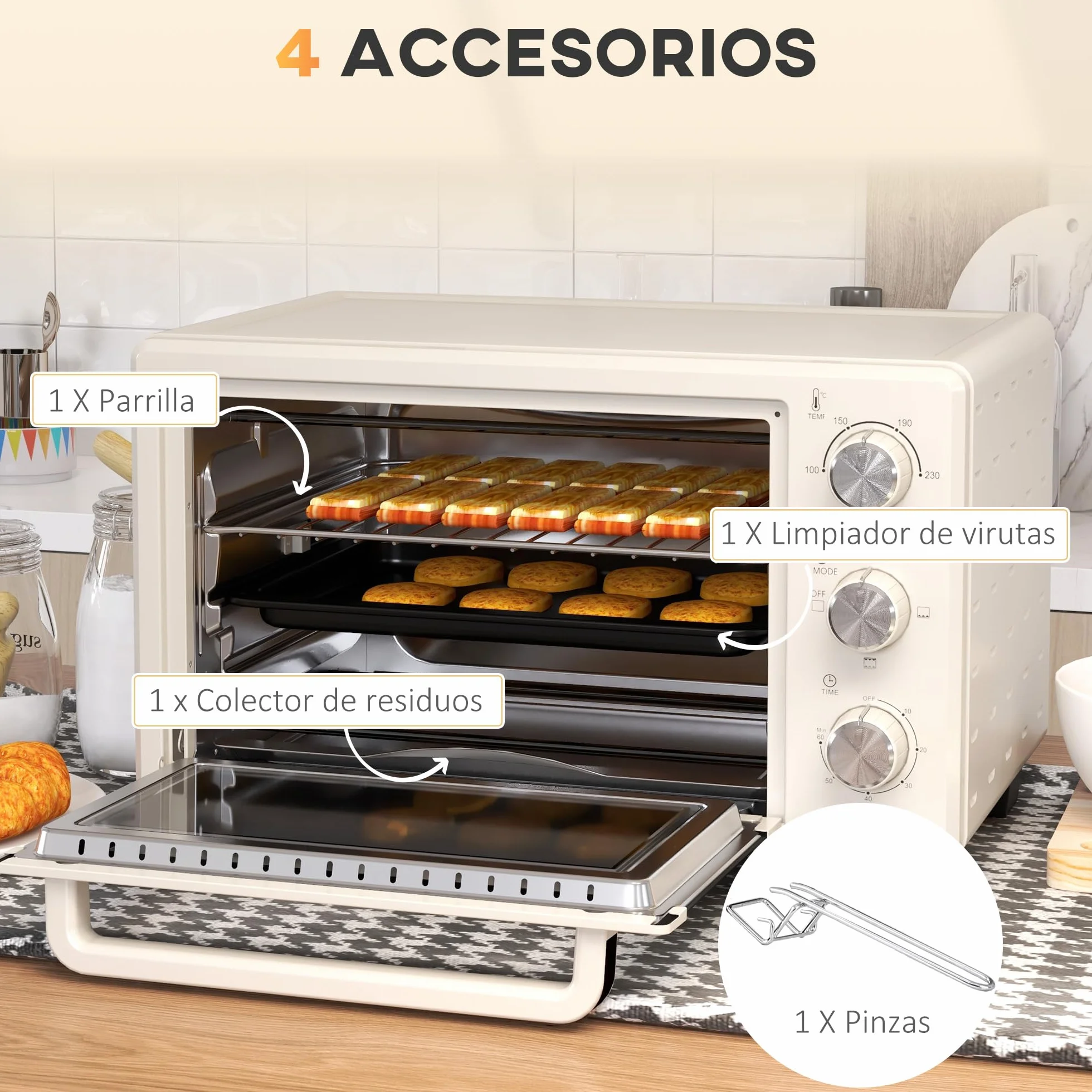 HOMCOM Horno Eléctrico de Sobremesa Horno Sobremesa de 21L 1400W Mini Horno Tostador con Temporizador hasta 60min y Temperatura Regulable hasta 230℃ Crema