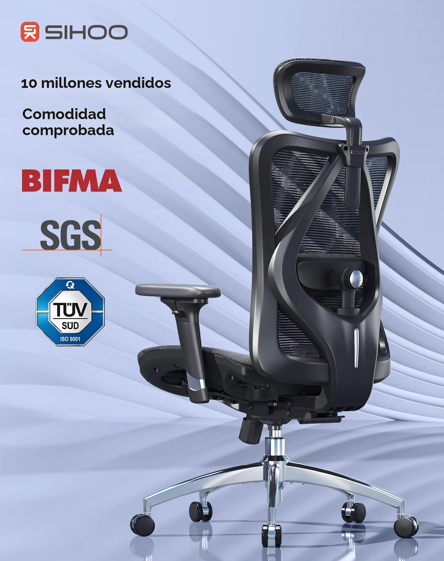 SIHOO Silla de Oficina ergonómica, Respaldo Alto, Asiento Trasero de Malla, Transpirable, reposabrazos 3D Ajustable y Soporte Lumbar, Base de Metal (Negro)